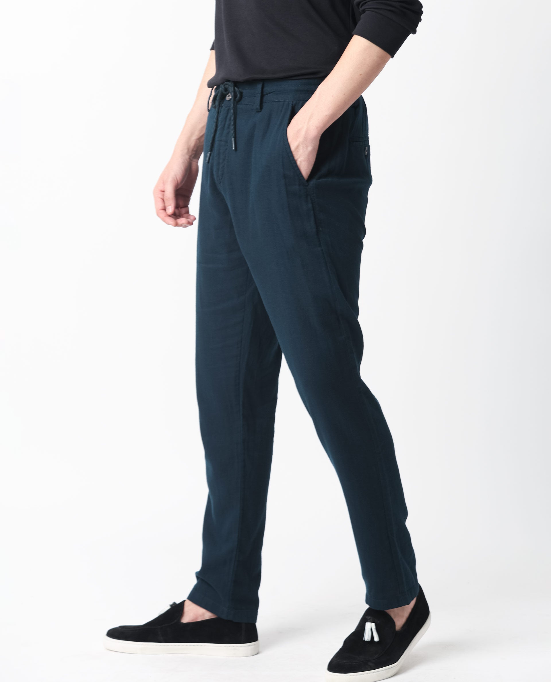Rare Rabbit Men's Pastor Dark Petrol Solid Mid-Rise With Drawstring And Elastic Waistband Regular Fit Trouser