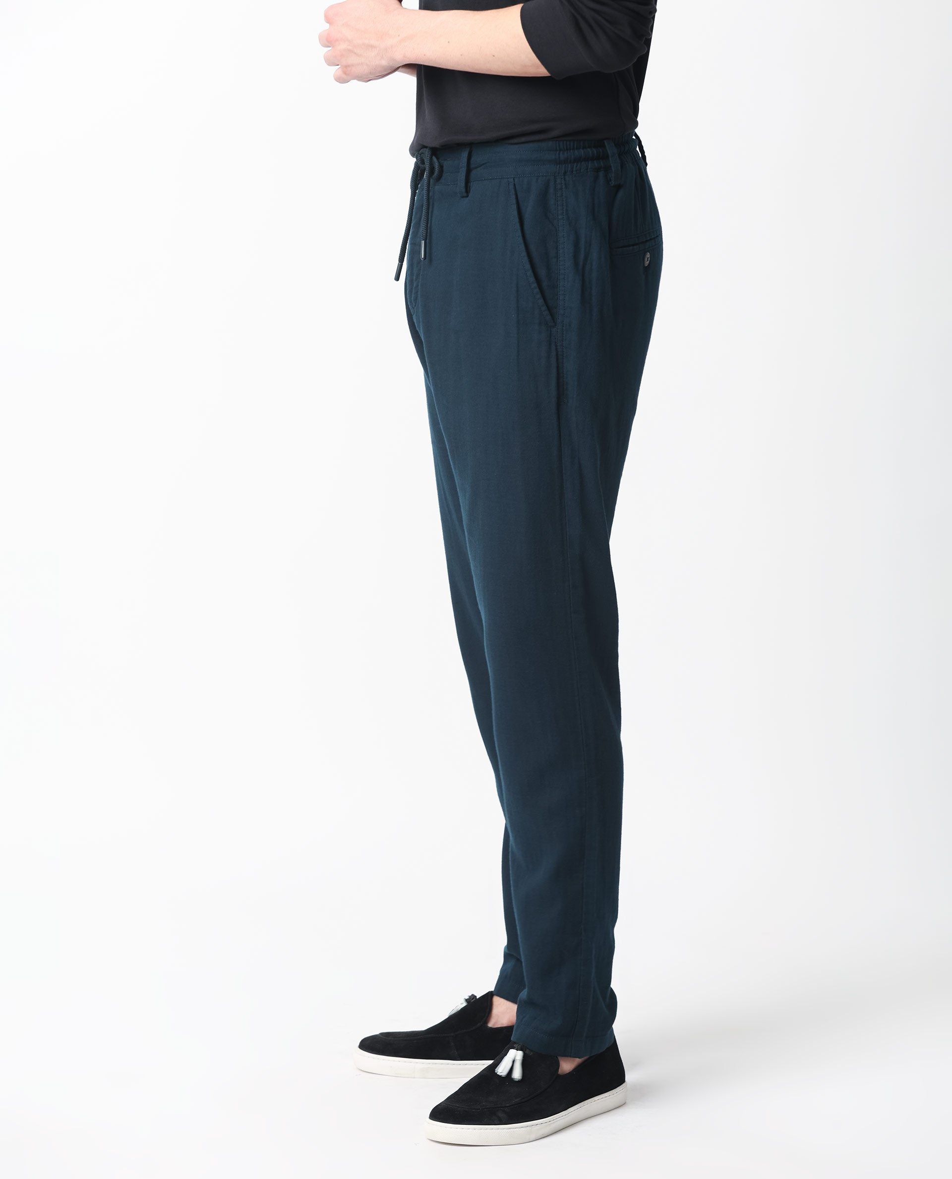 Rare Rabbit Men's Pastor Dark Petrol Solid Mid-Rise With Drawstring And Elastic Waistband Regular Fit Trouser