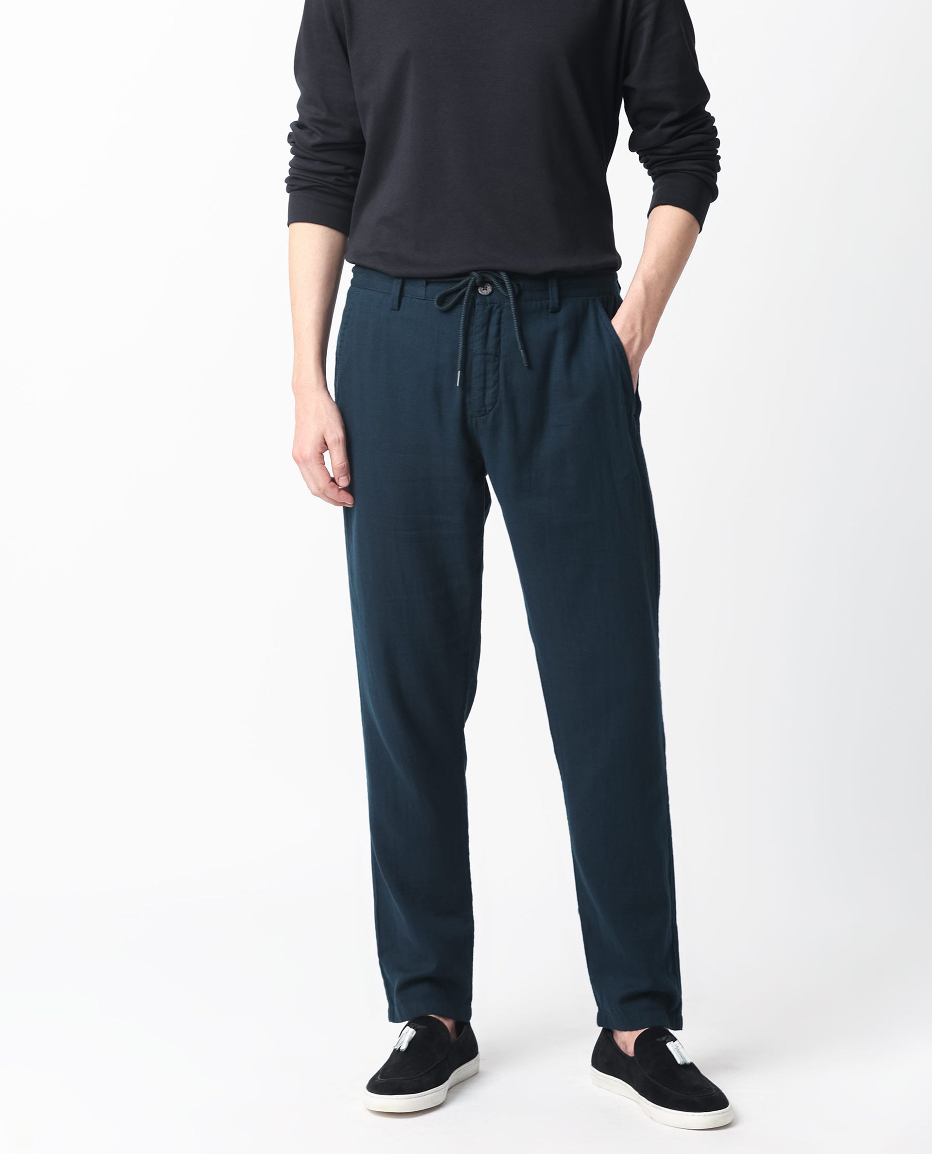 Rare Rabbit Men's Pastor Dark Petrol Solid Mid-Rise With Drawstring And Elastic Waistband Regular Fit Trouser