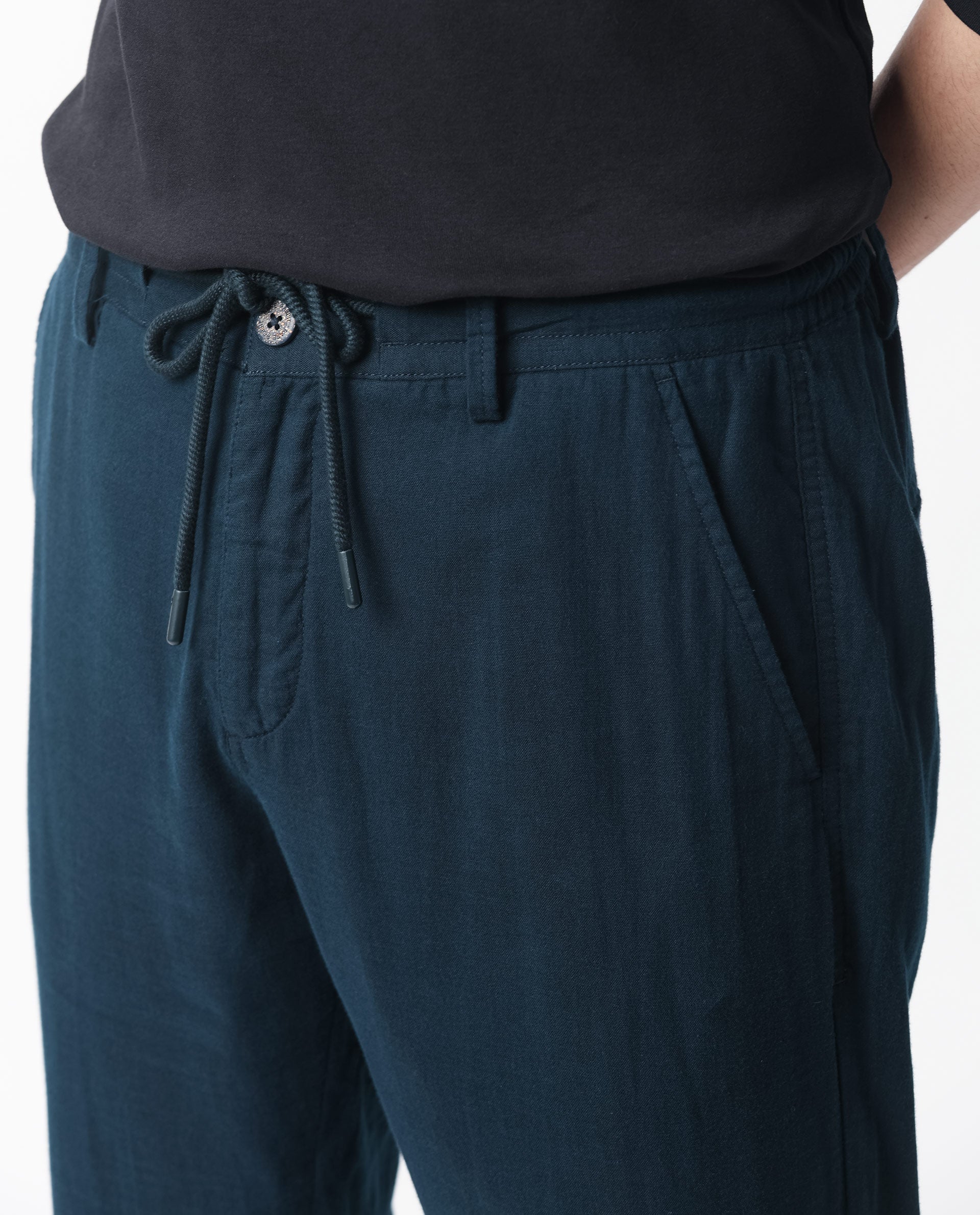 Rare Rabbit Men's Pastor Dark Petrol Solid Mid-Rise With Drawstring And Elastic Waistband Regular Fit Trouser