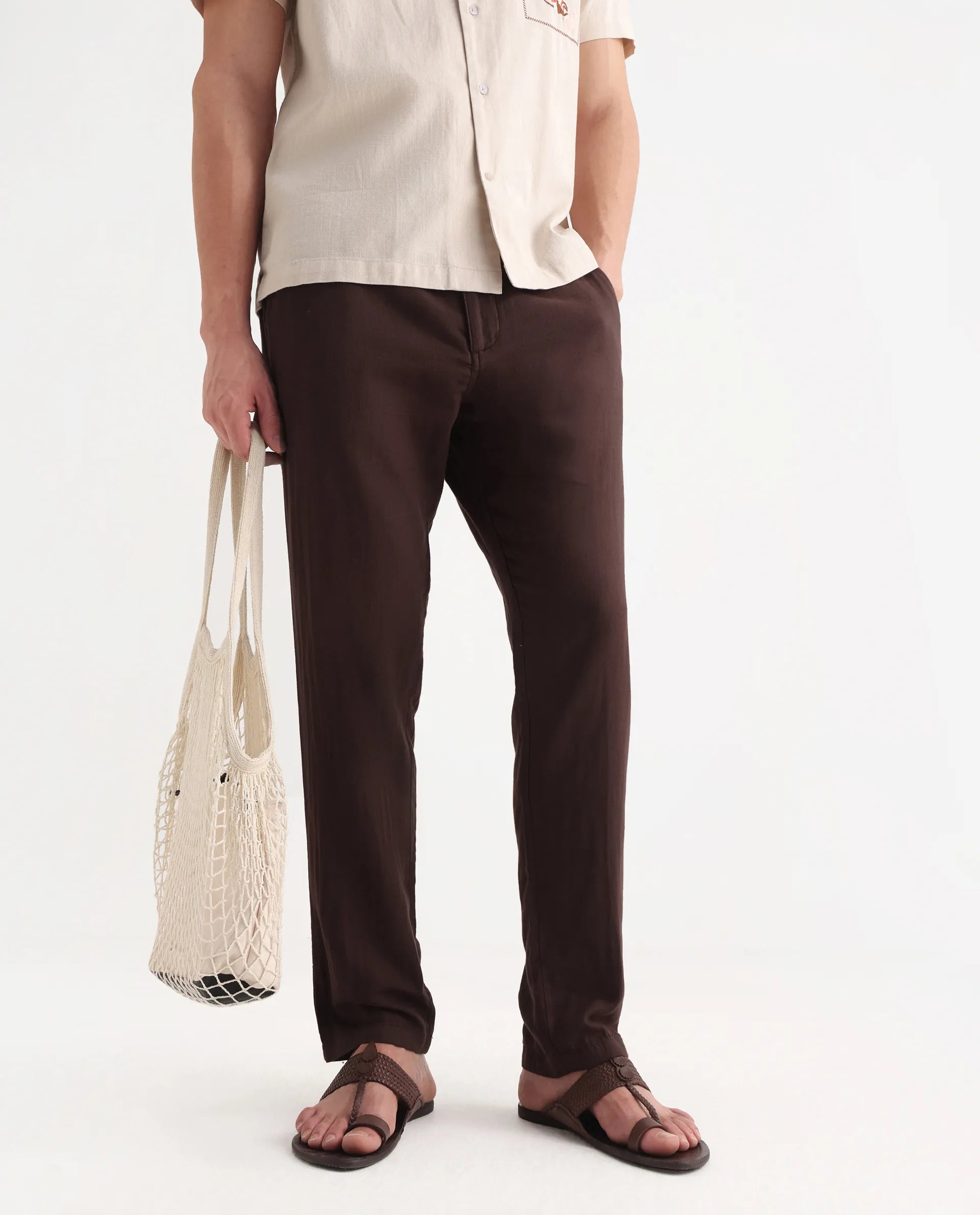 Rare Rabbit Men's Pastor-Aw25 Dark Brown Cotton Plain Regular Fit Trouser