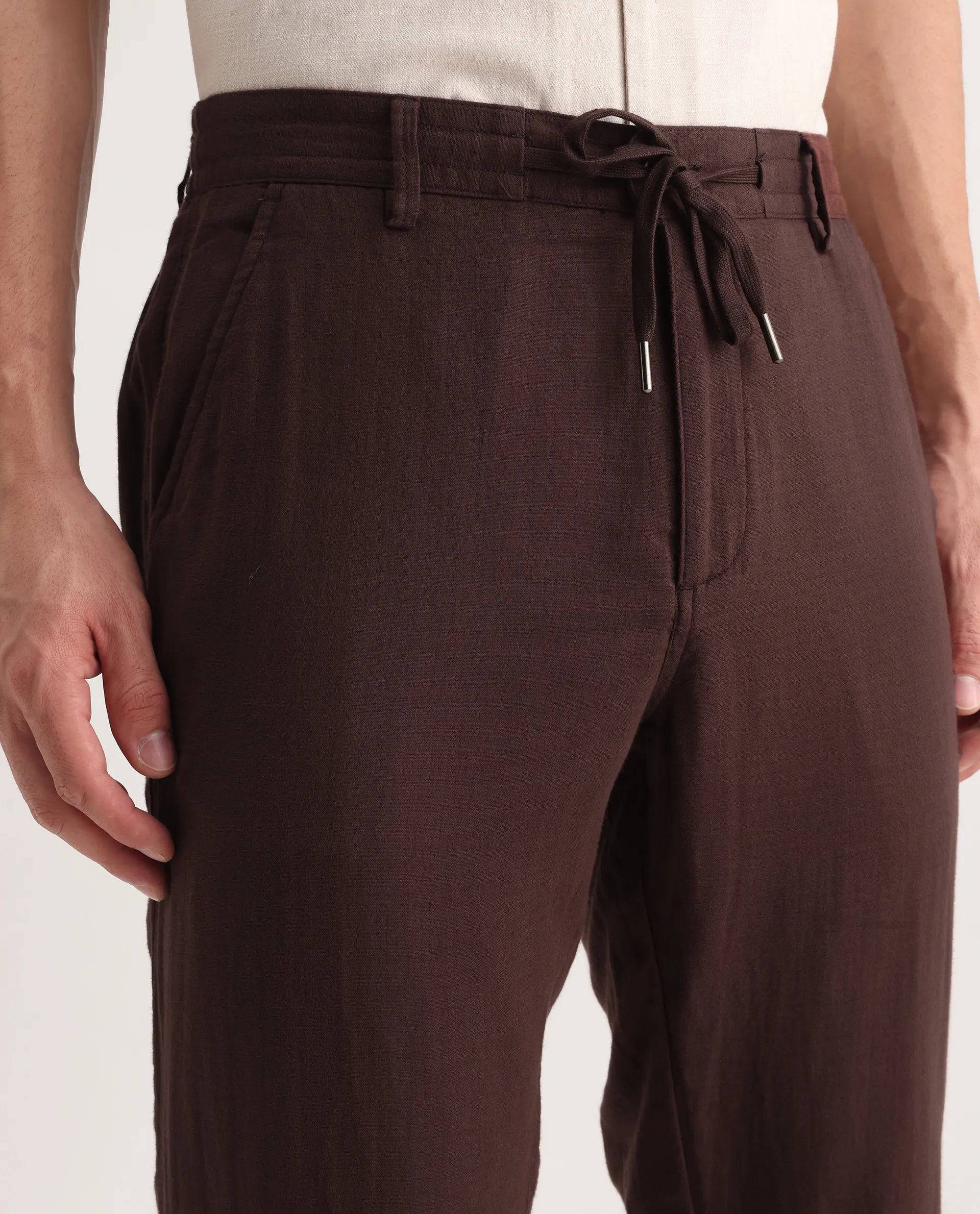 Rare Rabbit Men's Pastor-Aw25 Dark Brown Cotton Plain Regular Fit Trouser