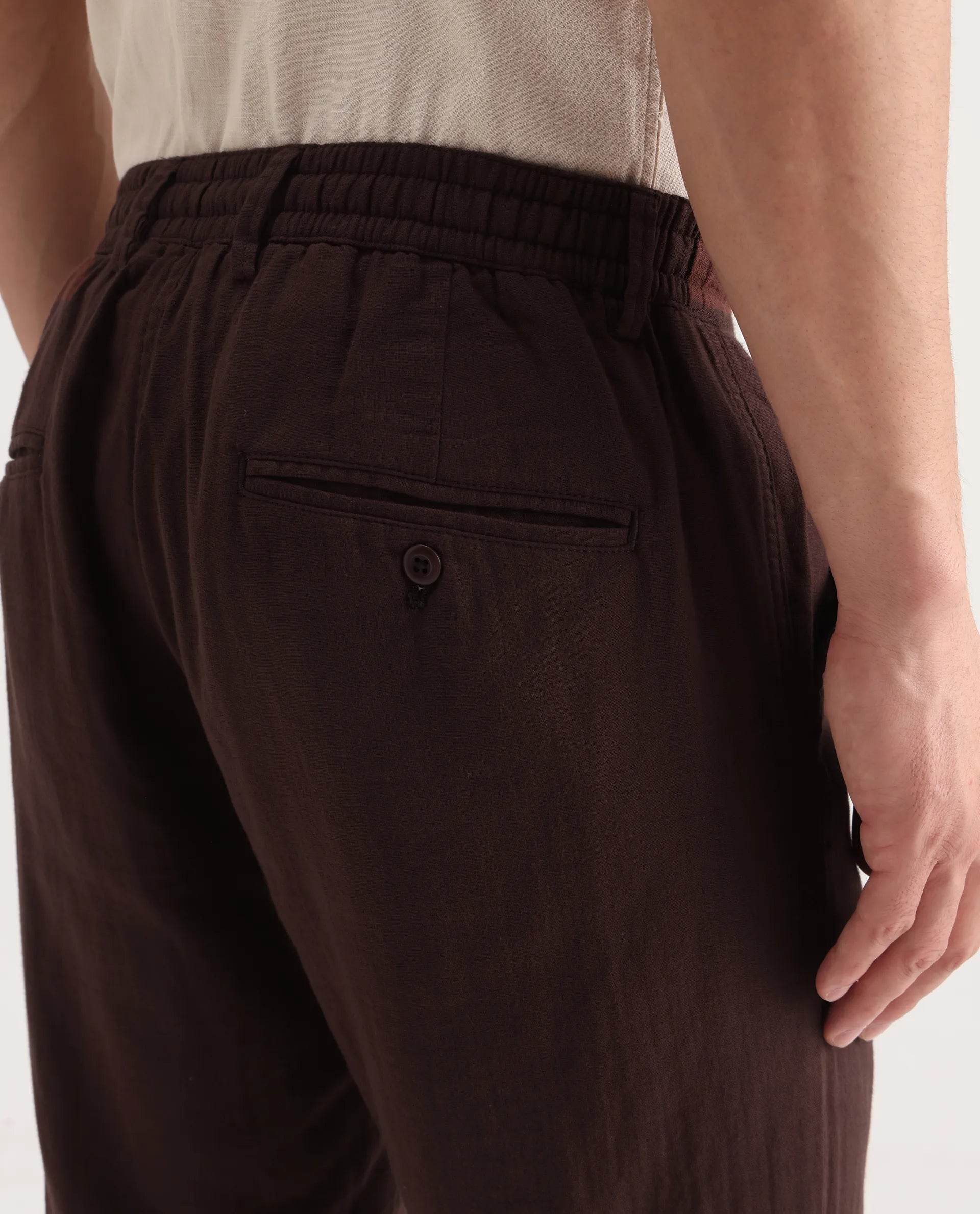 Rare Rabbit Men's Pastor-Aw25 Dark Brown Cotton Plain Regular Fit Trouser