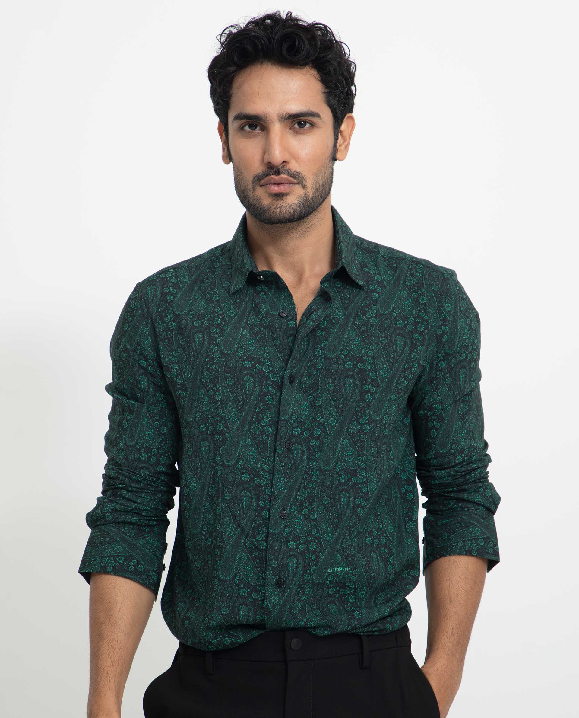 Rare Rabbit Men's Pat Green Viscose Fabric Full Sleeves Paisley Print Shirt
