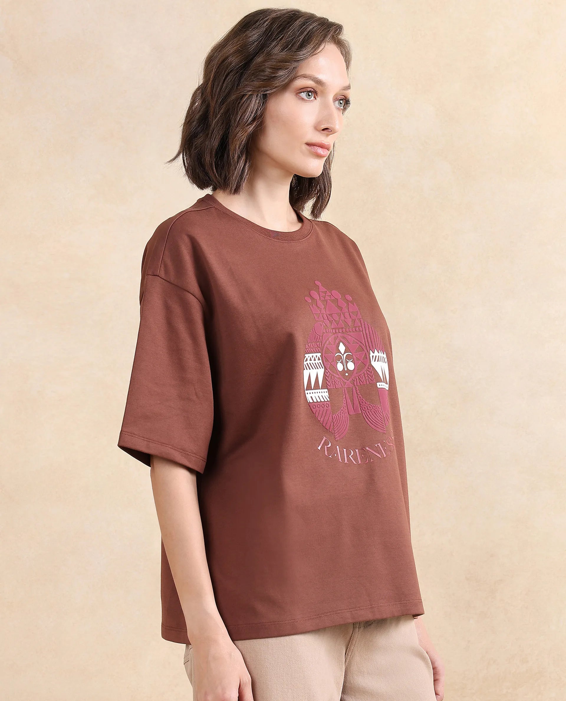 Rareism Women Patch Brown Cotton Blend Fabric Short Sleeve Crew Neck Oversized Fit Graphic Print T-Shirt