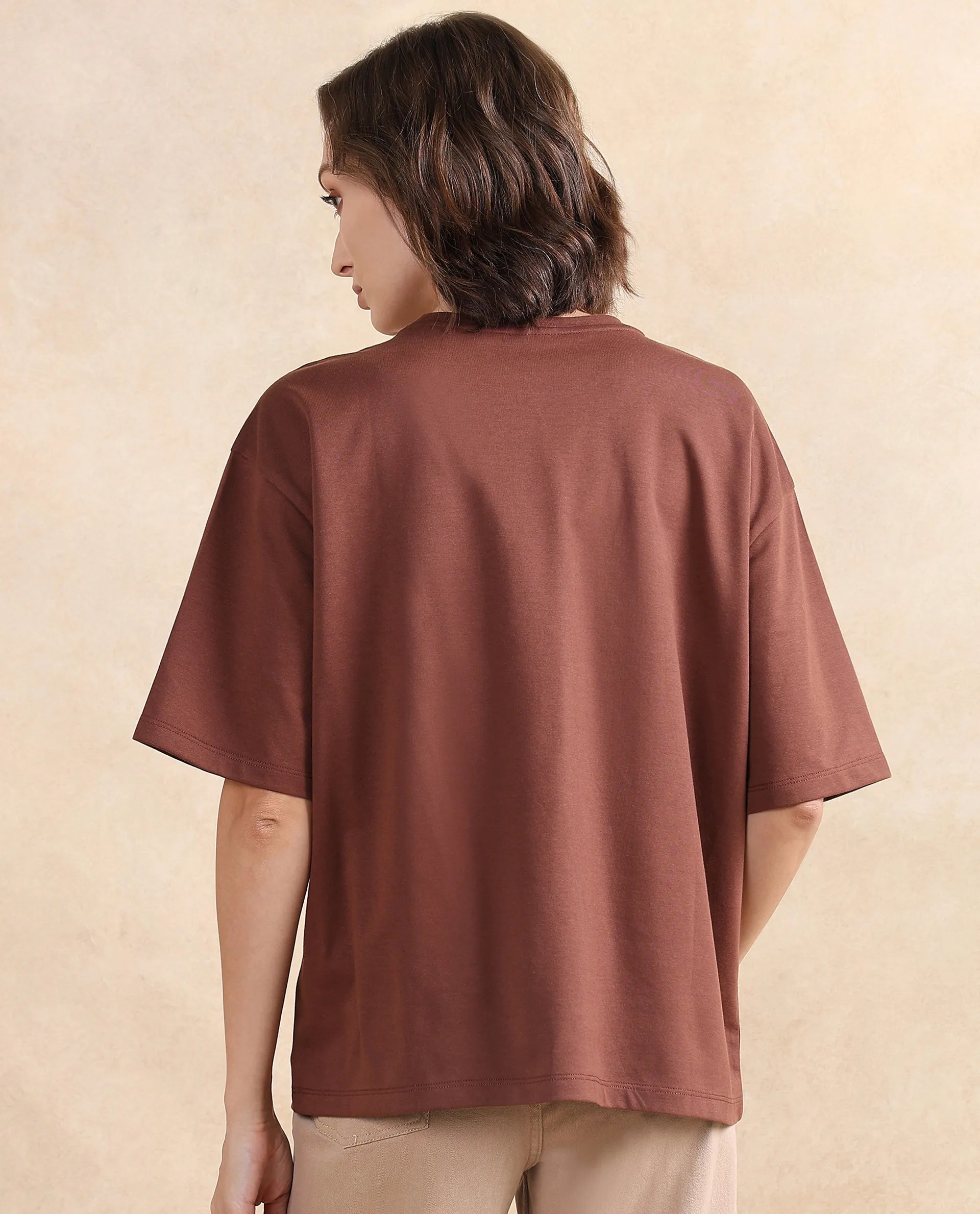 Rareism Women Patch Brown Cotton Blend Fabric Short Sleeve Crew Neck Oversized Fit Graphic Print T-Shirt