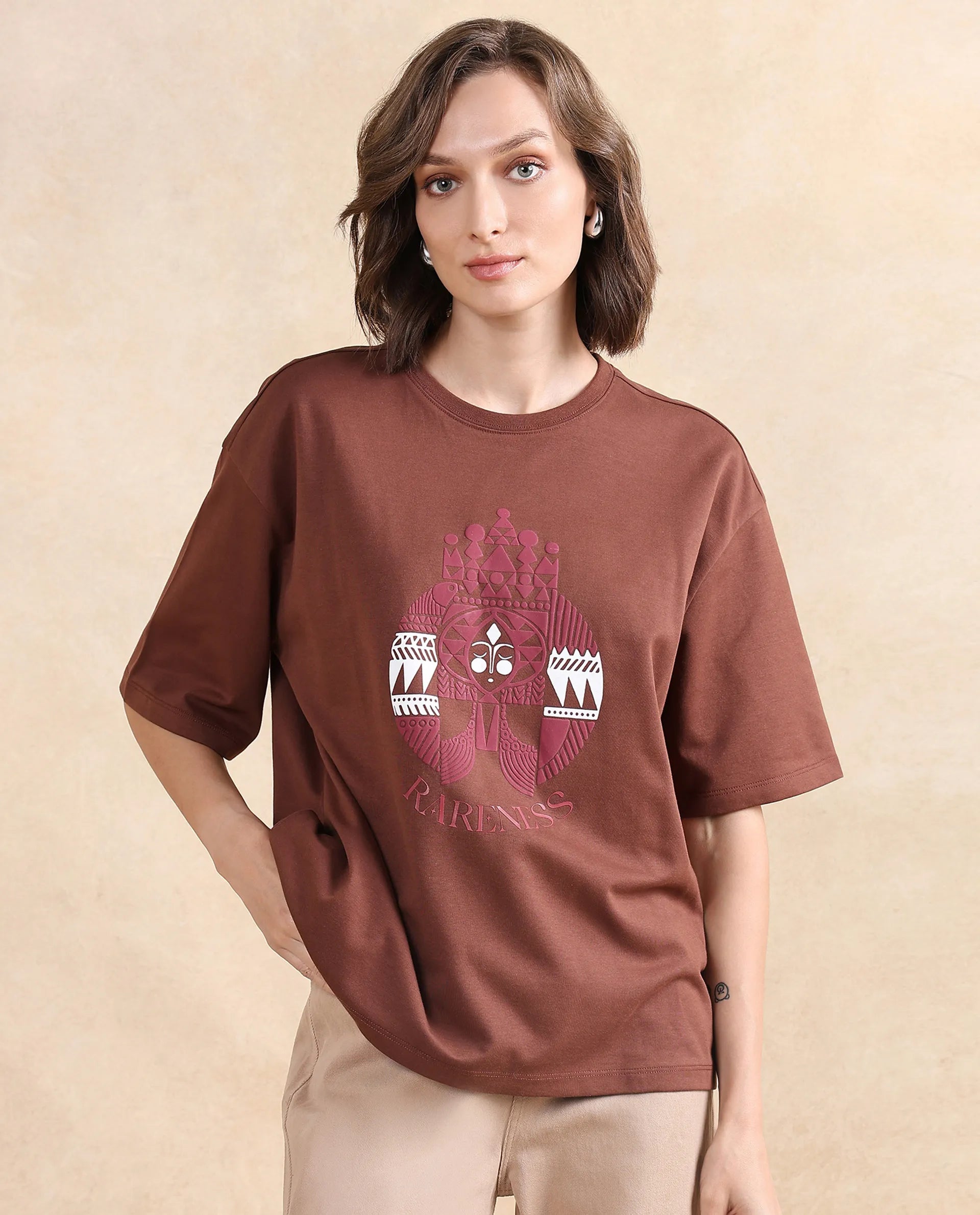 Rareism Women Patch Brown Cotton Blend Fabric Short Sleeve Crew Neck Oversized Fit Graphic Print T-Shirt