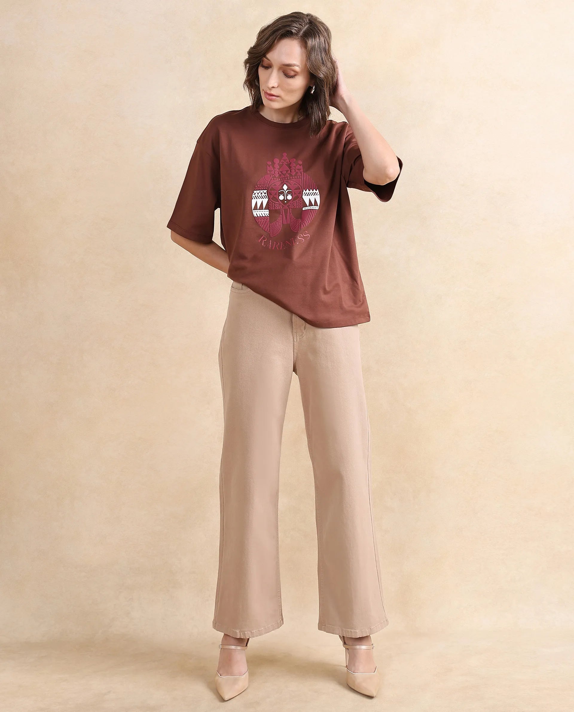 Rareism Women Patch Brown Cotton Blend Fabric Short Sleeve Crew Neck Oversized Fit Graphic Print T-Shirt