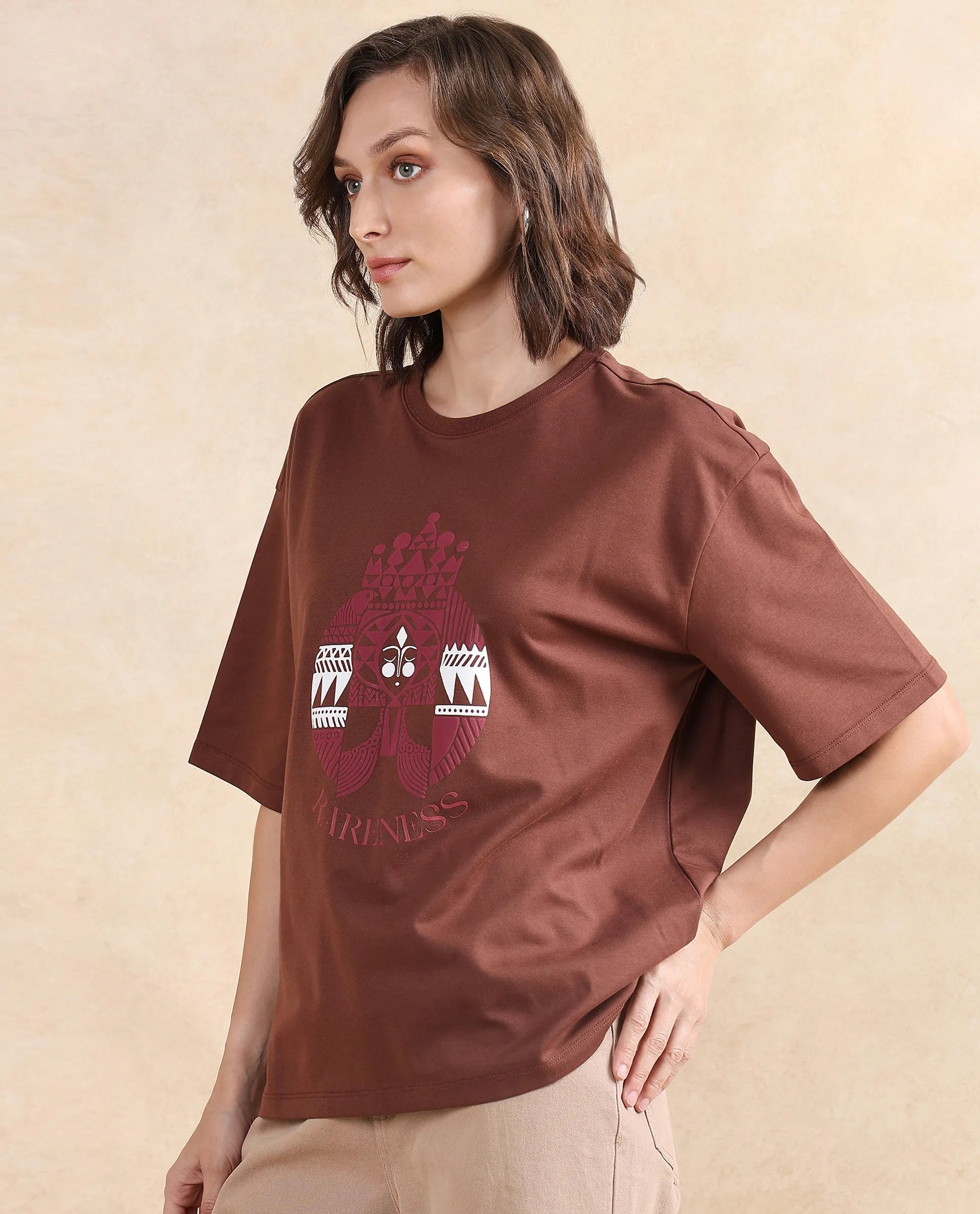 Rareism Women Patch Brown Cotton Blend Fabric Short Sleeve Crew Neck Oversized Fit Graphic Print T-Shirt