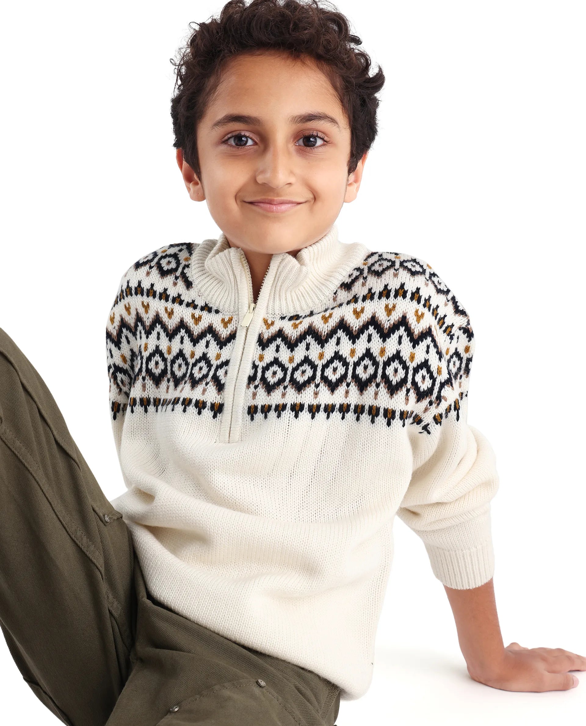 Rare Ones Kids Pato Off White Cotton Solid Slip-On Closure Relaxed Fit Sweater