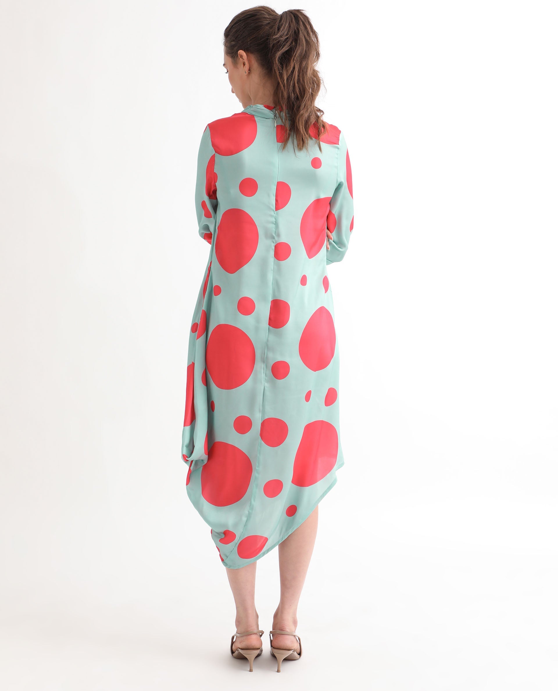 Rareism Women Paterson Light Turq Polyester Fabric 3/4Th Sleeves Zip Closure High Neck Slim Fit Polka Knee Length Asymmetric Dress