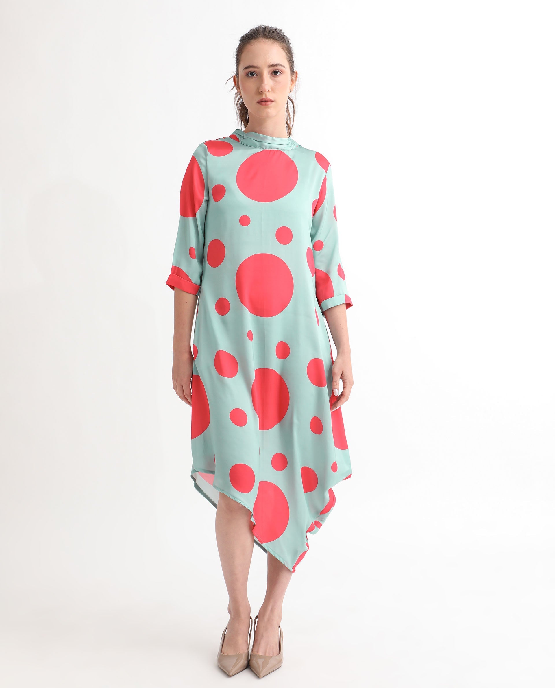 Rareism Women Paterson Light Turq Polyester Fabric 3/4Th Sleeves Zip Closure High Neck Slim Fit Polka Knee Length Asymmetric Dress