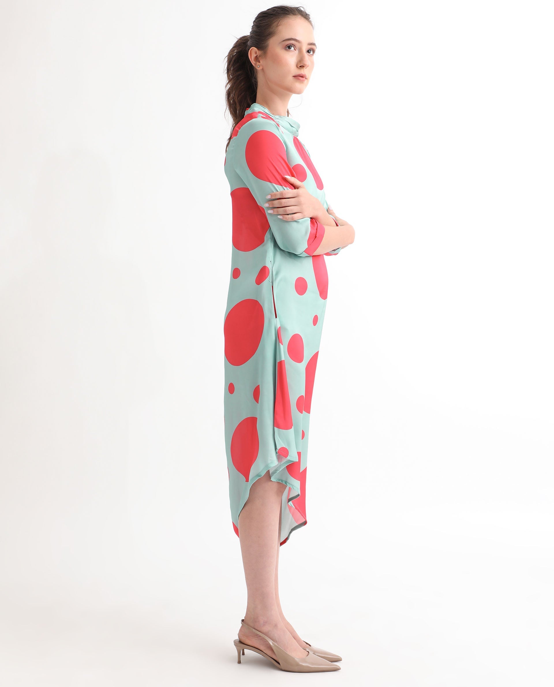 Rareism Women Paterson Light Turq Polyester Fabric 3/4Th Sleeves Zip Closure High Neck Slim Fit Polka Knee Length Asymmetric Dress