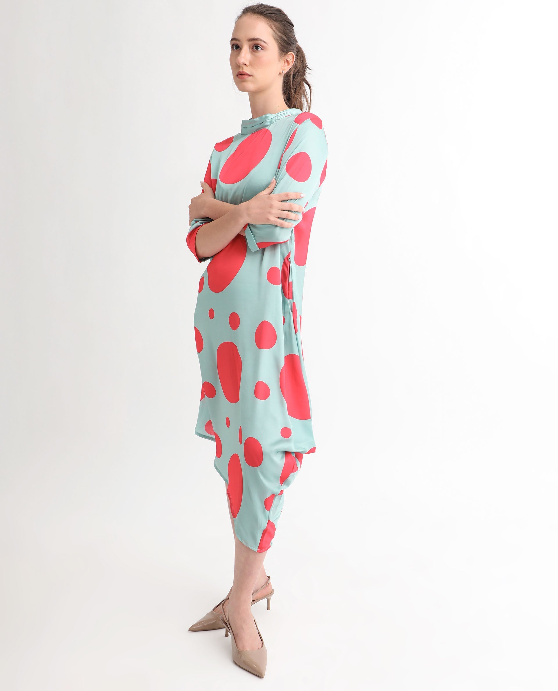 Rareism Women Paterson Light Turq Polyester Fabric 3/4Th Sleeves Zip Closure High Neck Slim Fit Polka Knee Length Asymmetric Dress