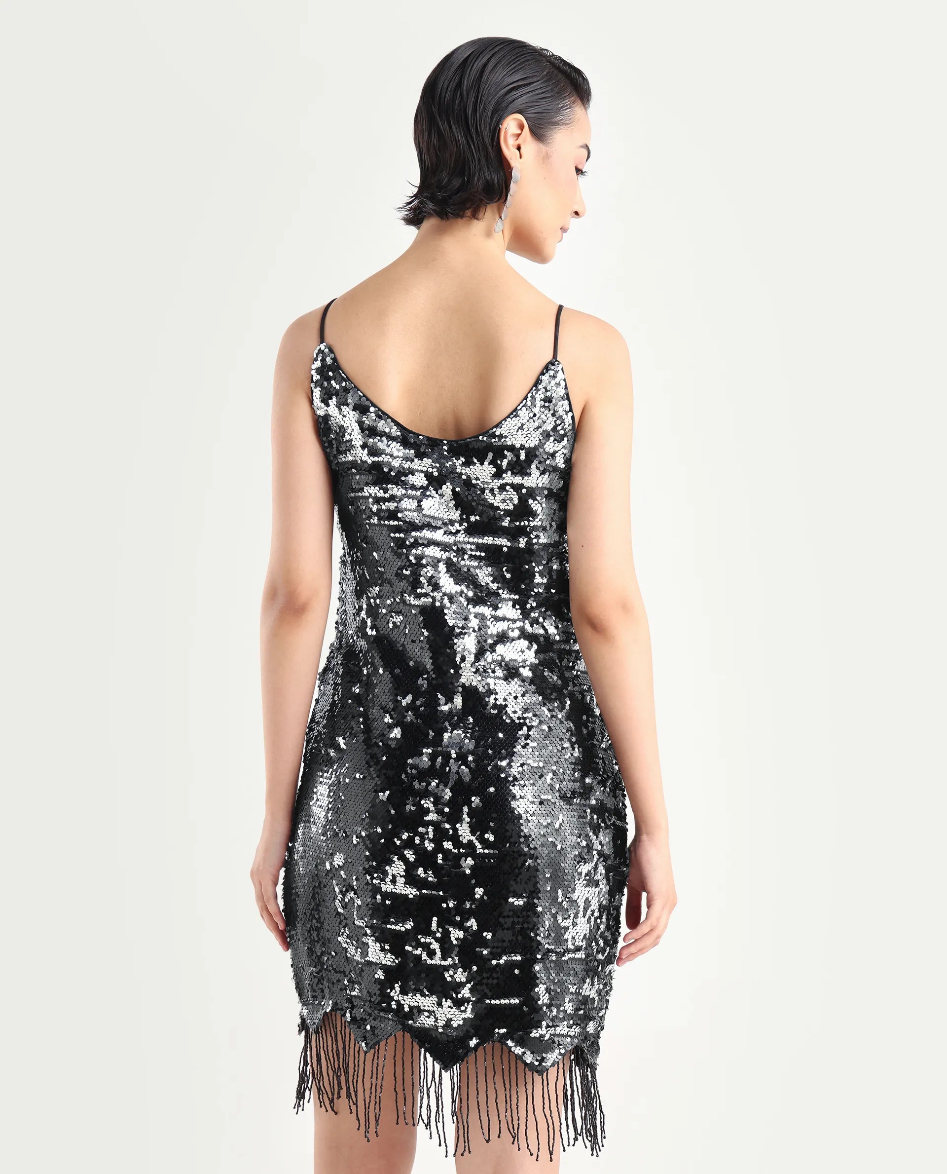 Rareism Women's Pau Sheen Black Polyester Shoulder Strap Sequined Shoulder Strap Mini Regular Fit Dress