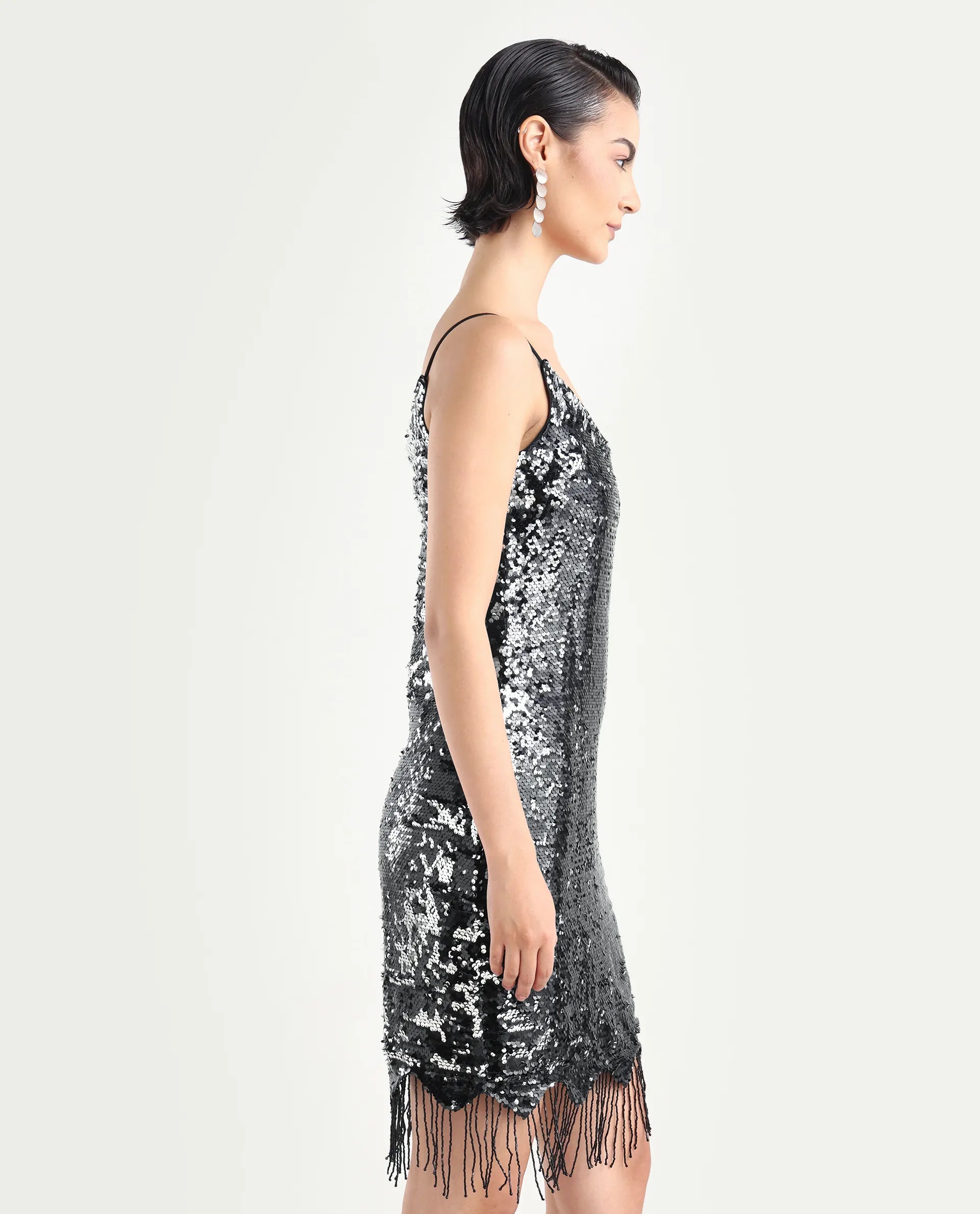 Rareism Women's Pau Sheen Black Polyester Shoulder Strap Sequined Shoulder Strap Mini Regular Fit Dress