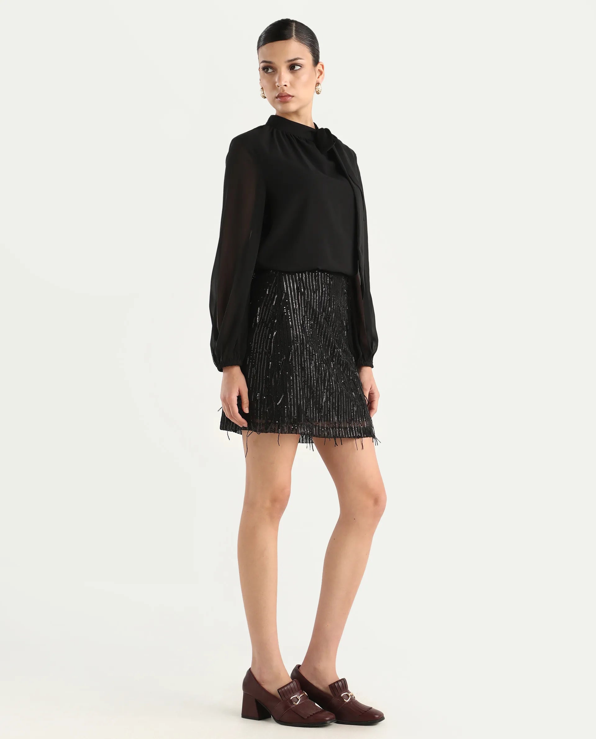 Rareism Women's Paulo Metallic Black Cotton Sequined Mini Regular Fit Skirt