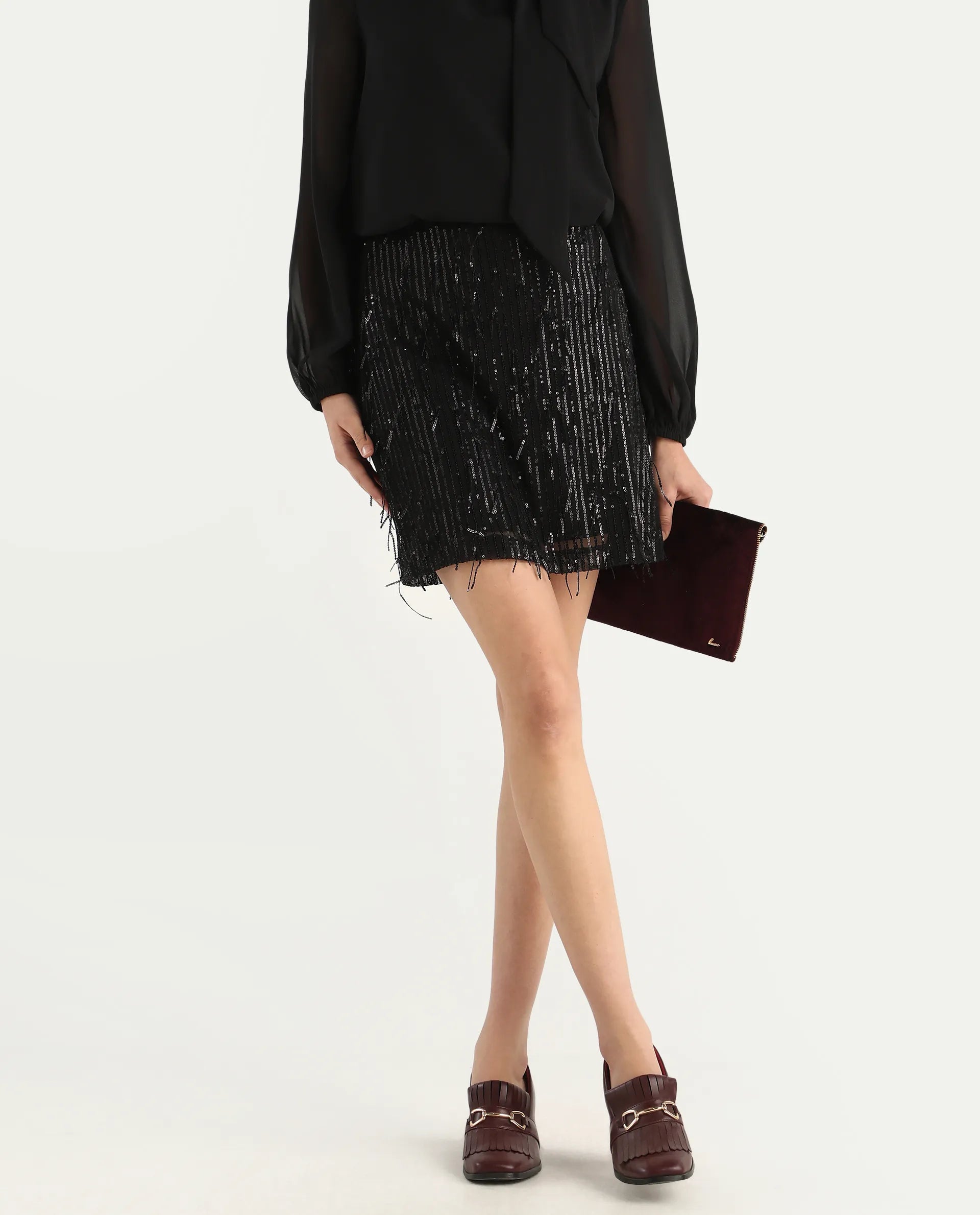 Rareism Women's Paulo Metallic Black Cotton Sequined Mini Regular Fit Skirt