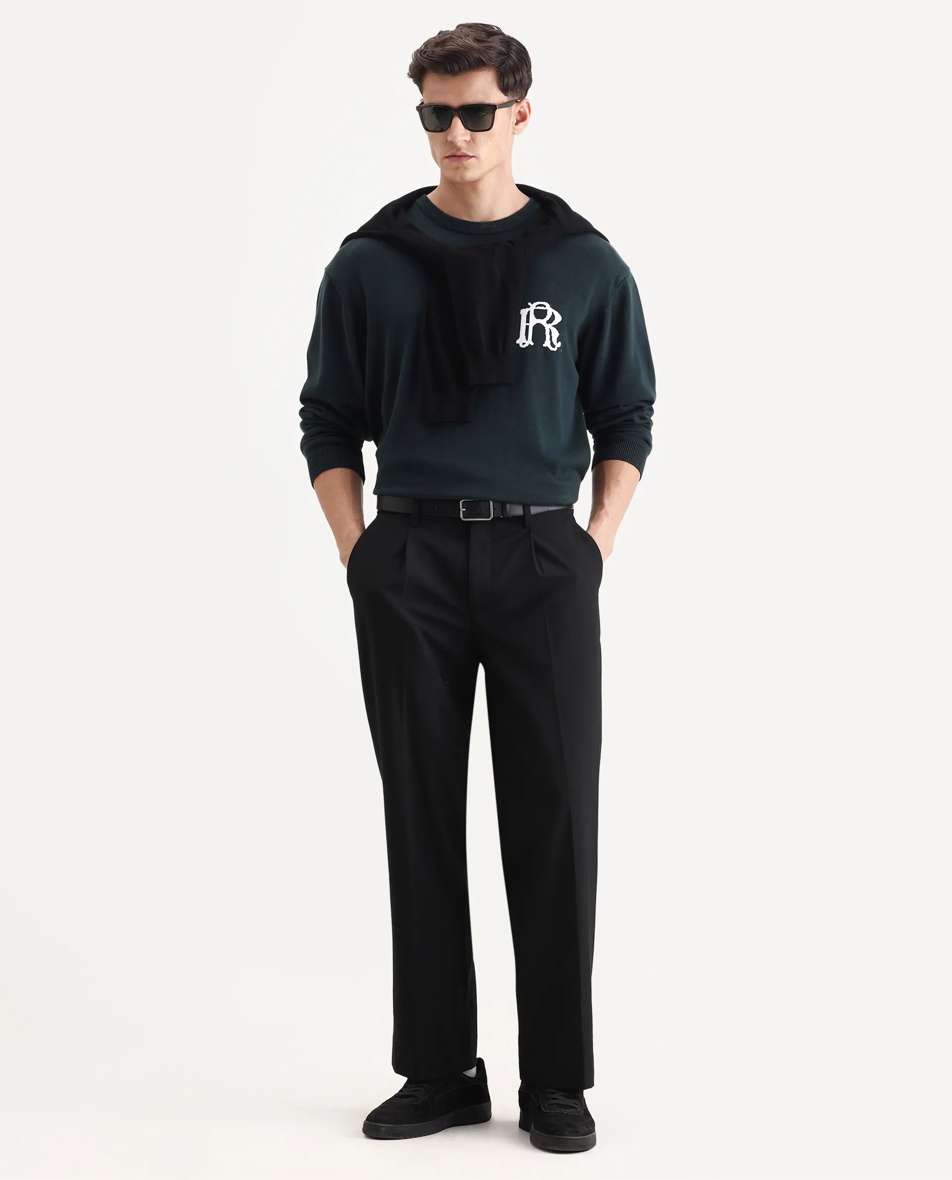Rare Rabbit Men Pauls Black Polyester Blend Fabric Button Closure Plain Trouser