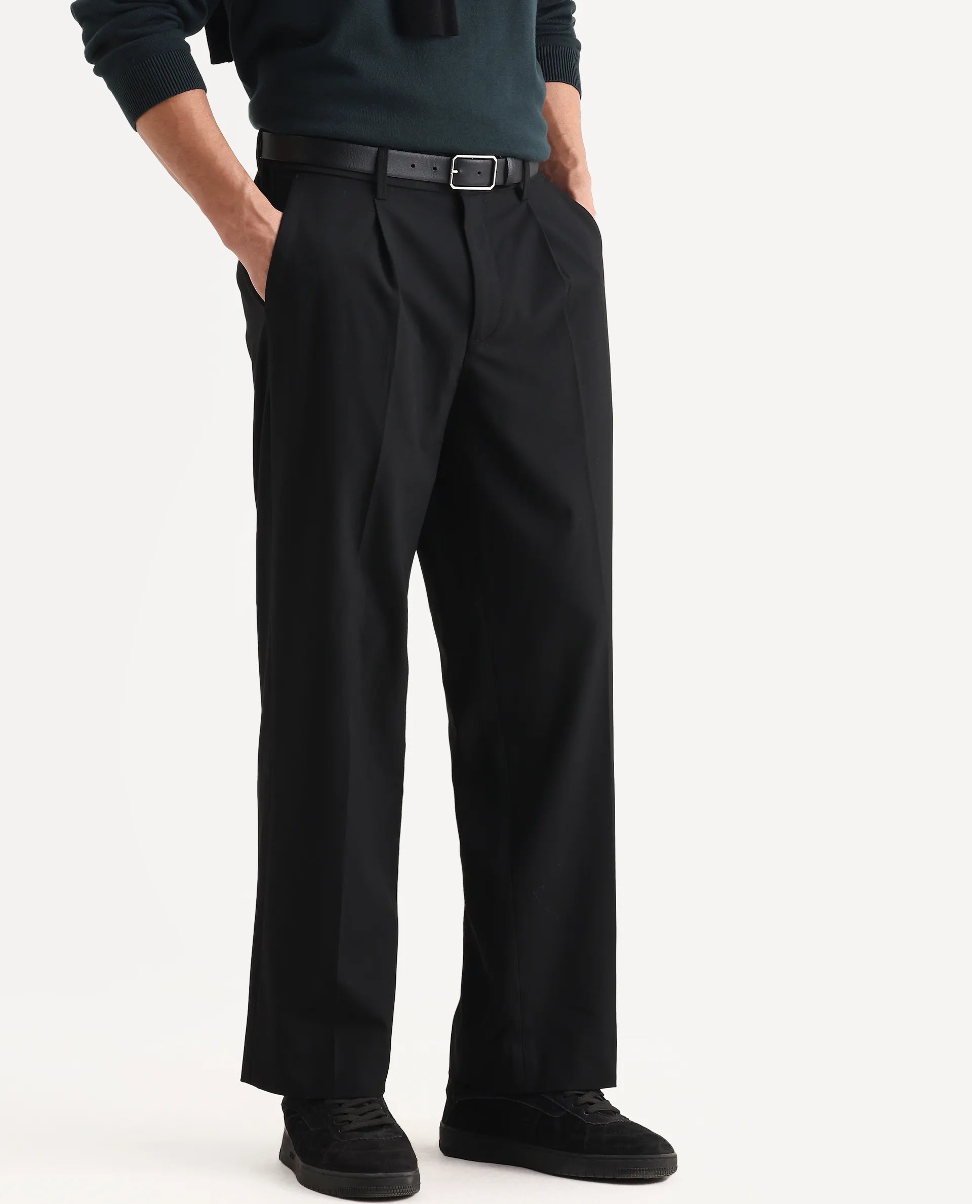 Rare Rabbit Men Pauls Black Polyester Blend Fabric Button Closure Plain Trouser