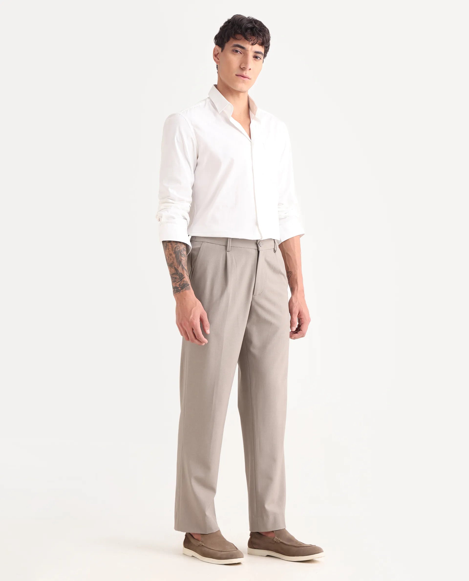 Rare Rabbit Men Pauls Dark Beige Polyester Blend Fabric Button Closure Plain Trouser