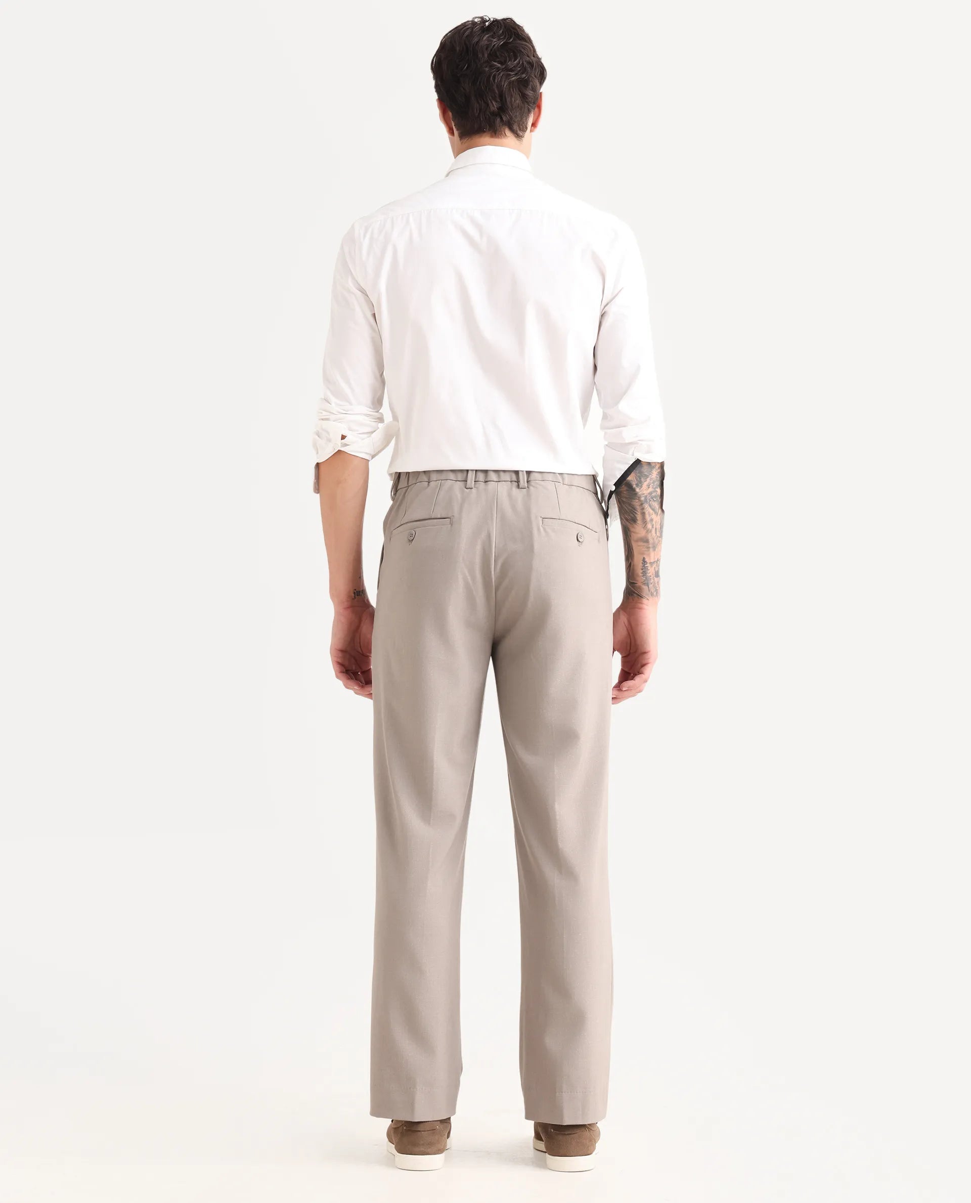 Rare Rabbit Men Pauls Dark Beige Polyester Blend Fabric Button Closure Plain Trouser