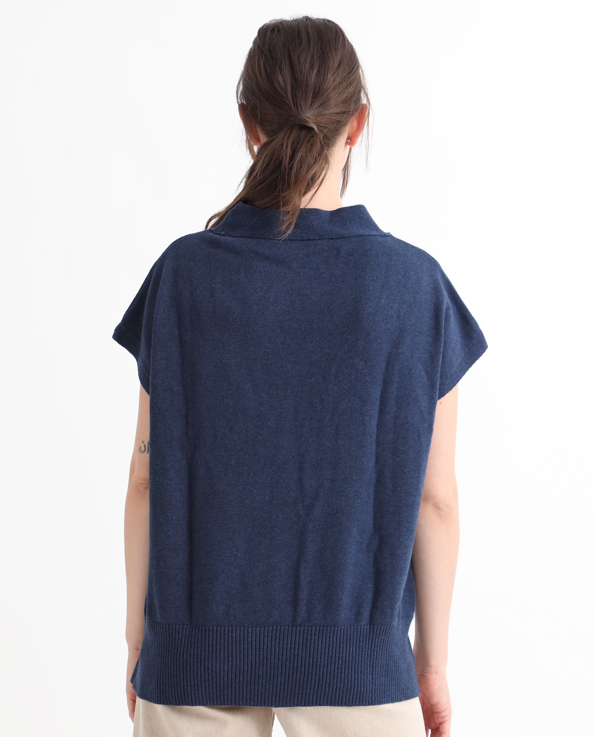 Rareism Women Pave Blue Cotton Fabric Half Sleeves Regular Fit Solid V-Neck Sweater