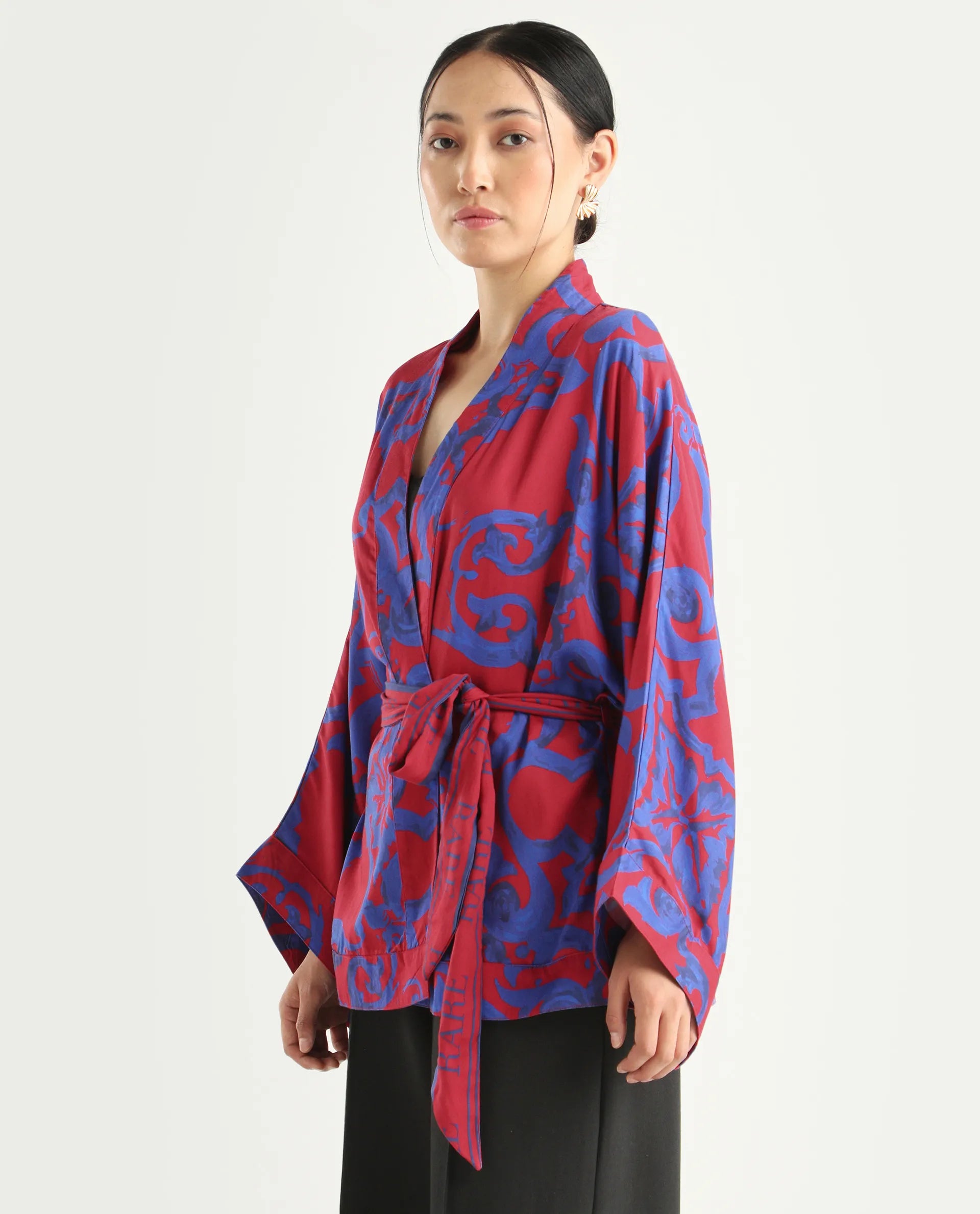 Rareism Women's Pavell Red Cotton Drop Collar Abstract Print Kimono Sleeve Regular Fit Top