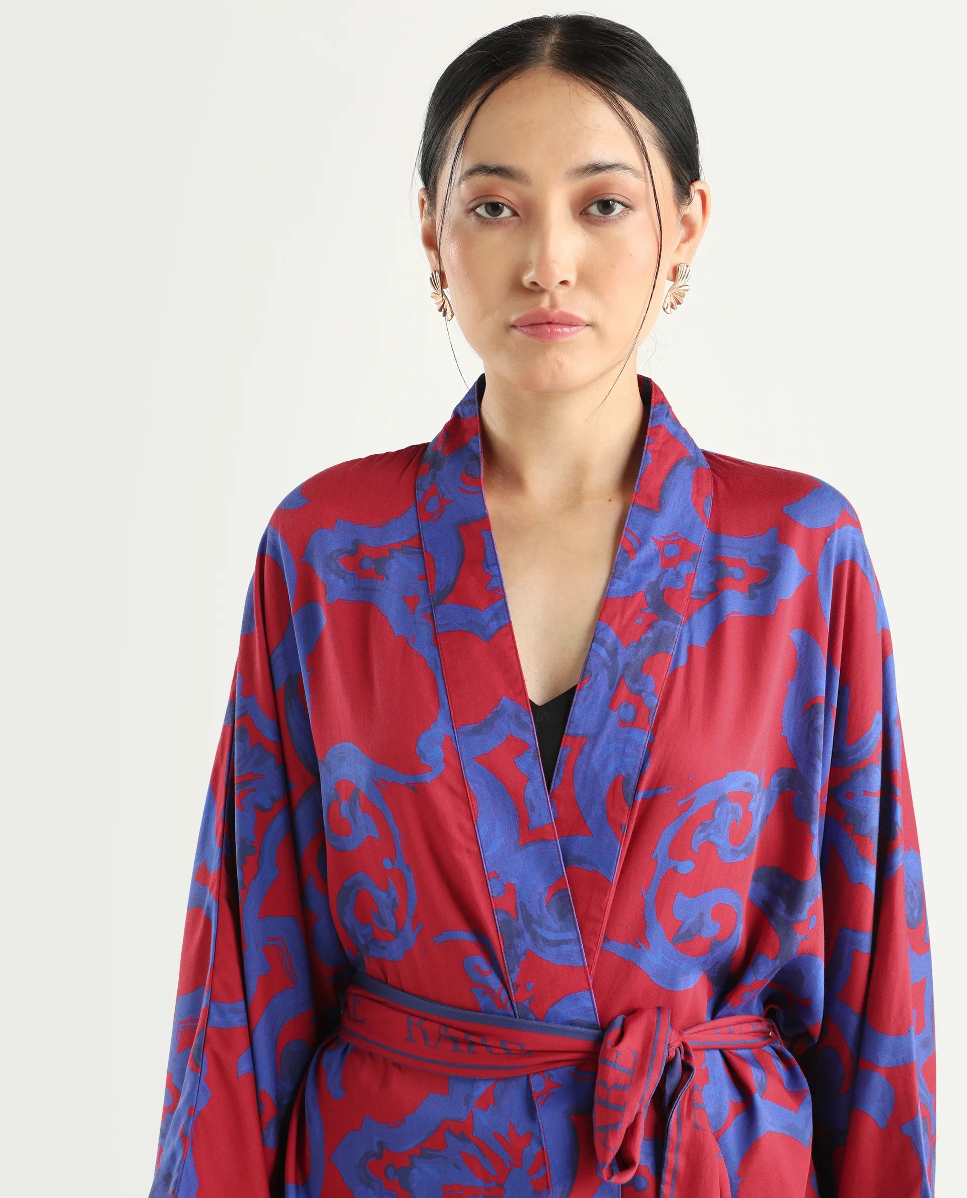 Rareism Women's Pavell Red Cotton Drop Collar Abstract Print Kimono Sleeve Regular Fit Top