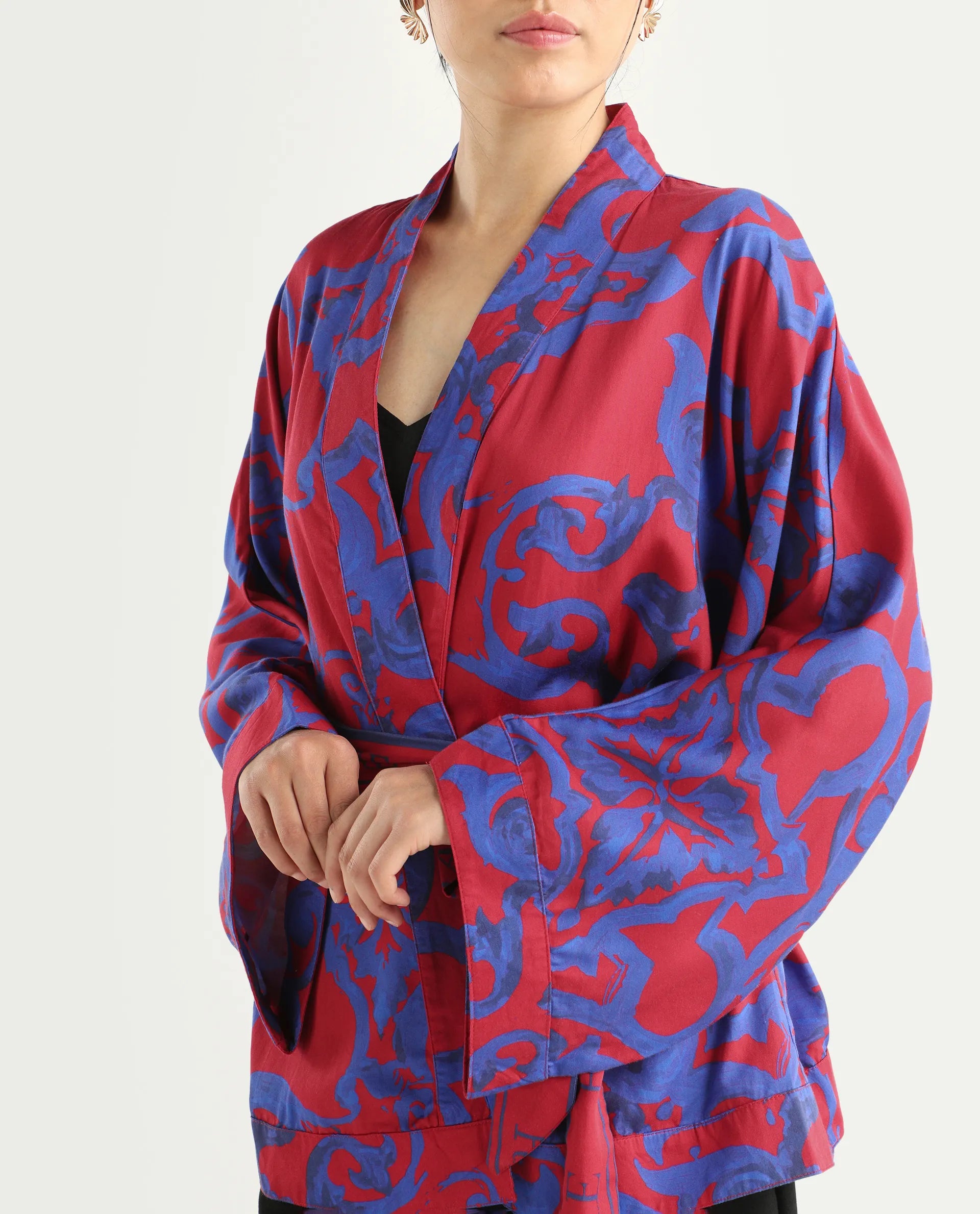 Rareism Women's Pavell Red Cotton Drop Collar Abstract Print Kimono Sleeve Regular Fit Top