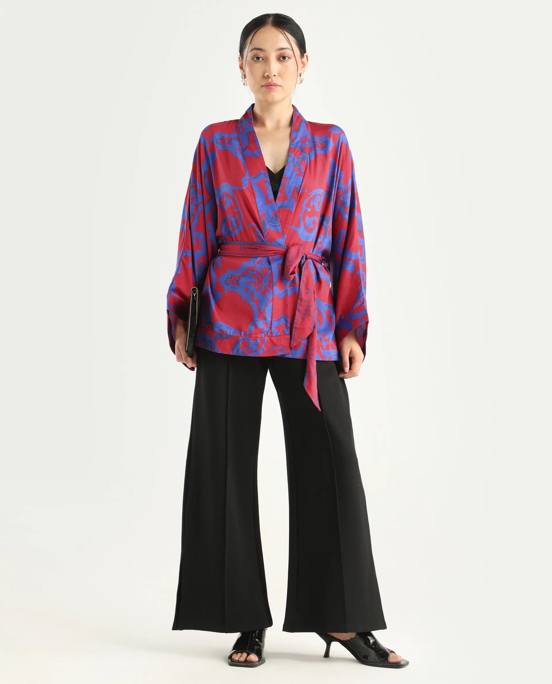 Rareism Women's Pavell Red Cotton Drop Collar Abstract Print Kimono Sleeve Regular Fit Top