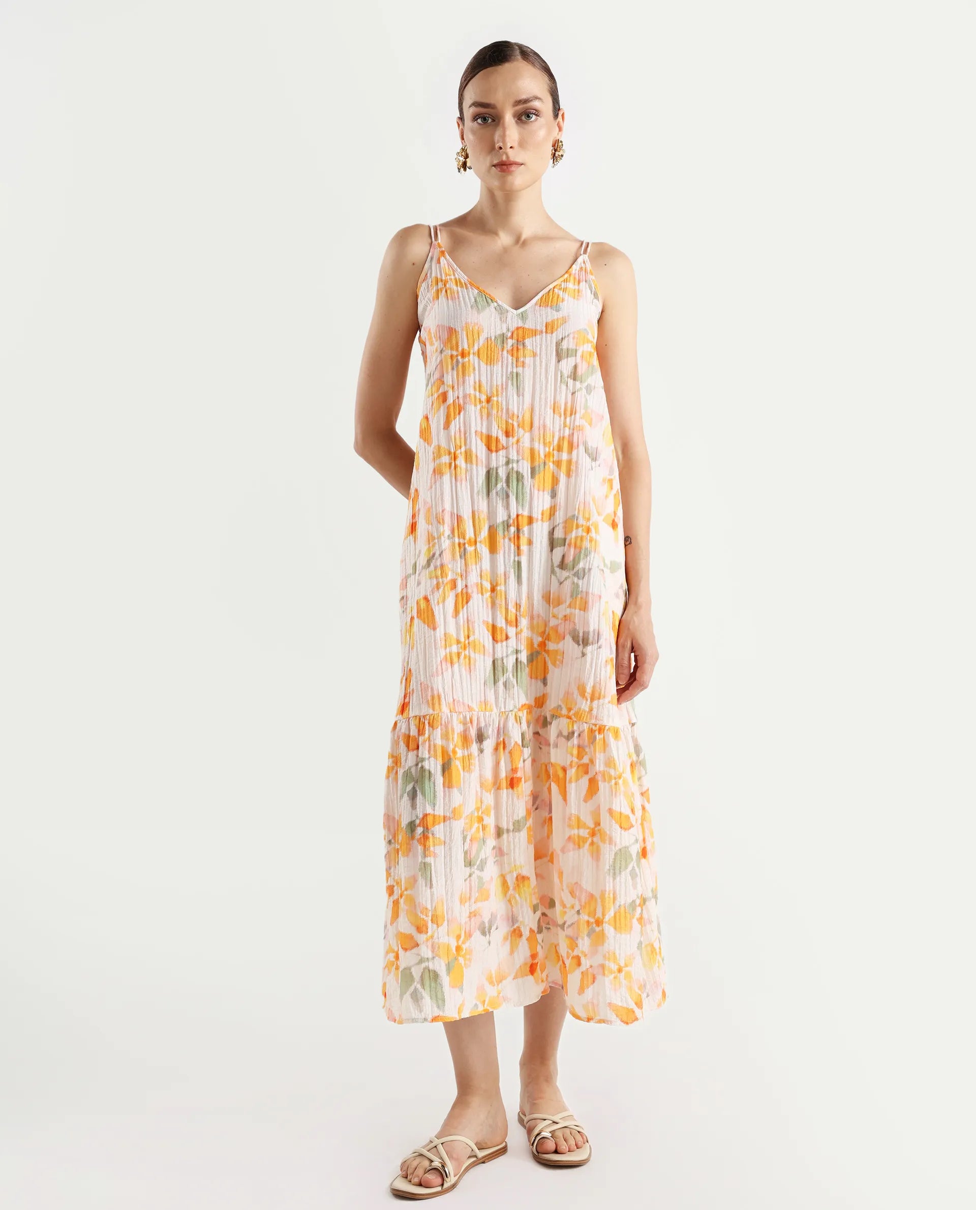 Rareism Women's Pavia Multi Nylon Blend Shoulder Strap Floral Print Sleeveless Maxi Regular Fit Dress