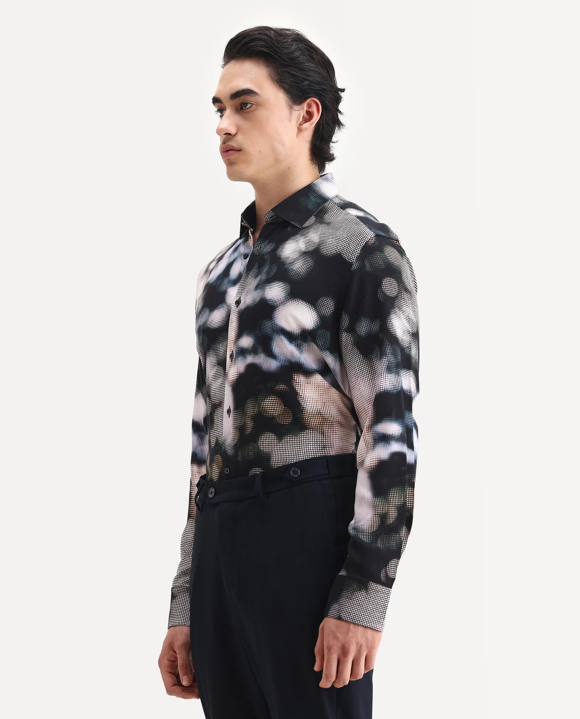 Rare Rabbit Men's Pavo Black Viscose Abstract Print Regular Fit Full Sleeve Collared Shirt