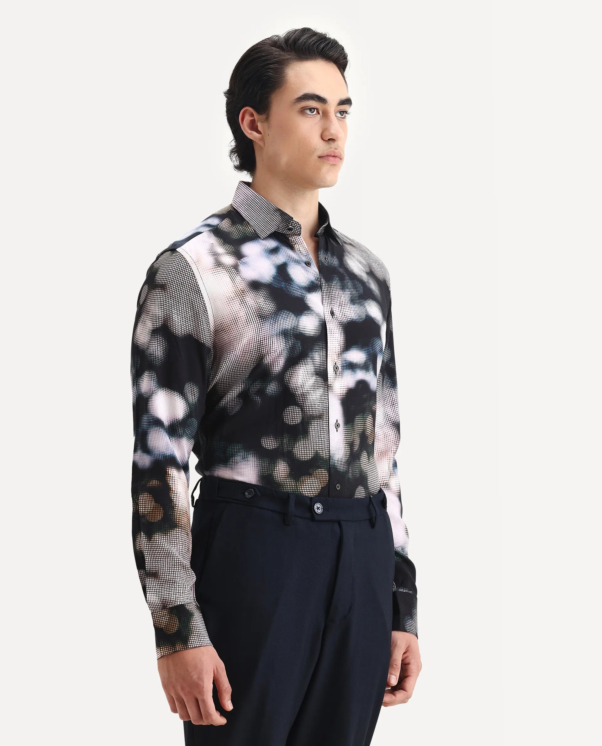 Rare Rabbit Men's Pavo Black Viscose Abstract Print Regular Fit Full Sleeve Collared Shirt