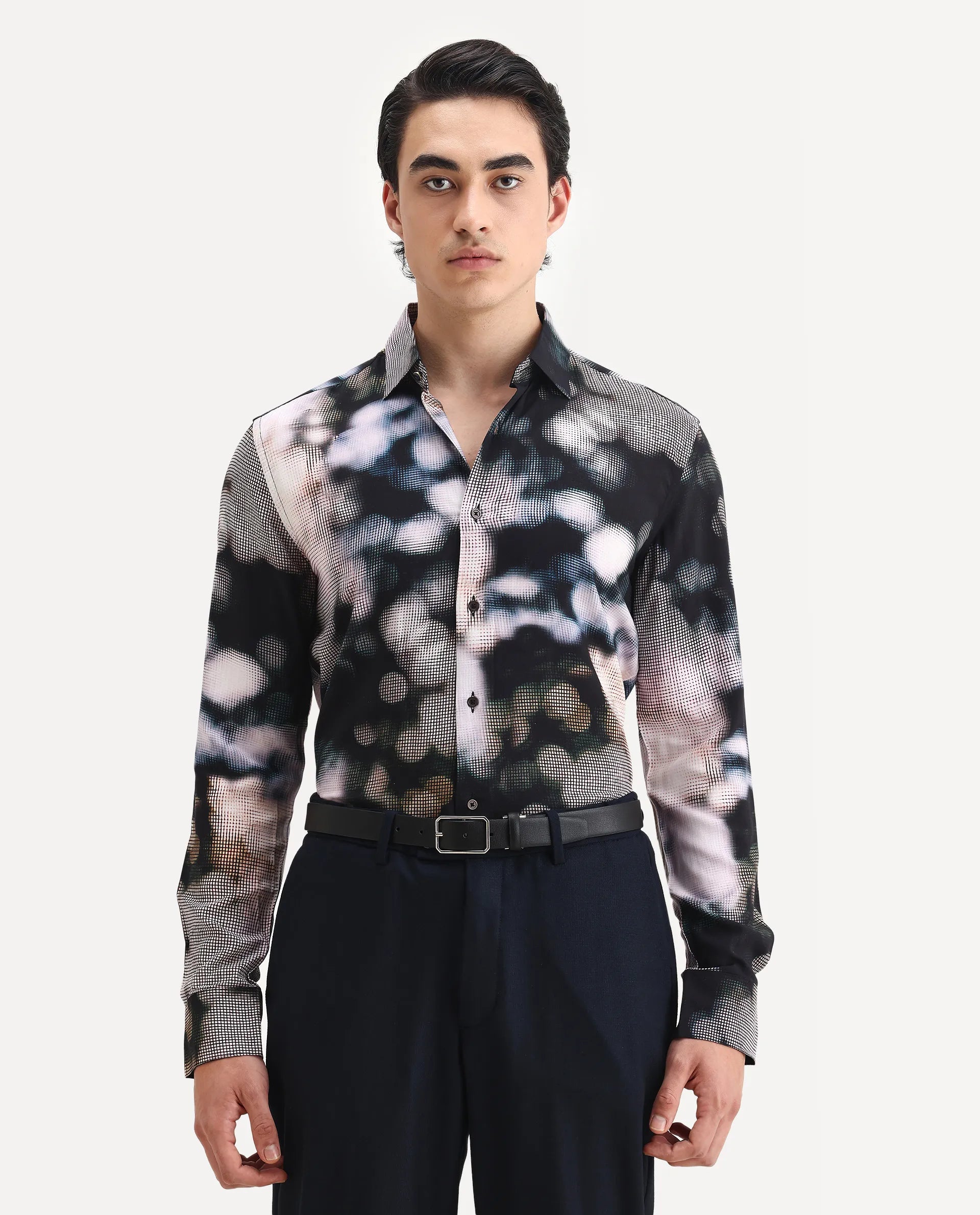 Rare Rabbit Men's Pavo Black Viscose Abstract Print Regular Fit Full Sleeve Collared Shirt