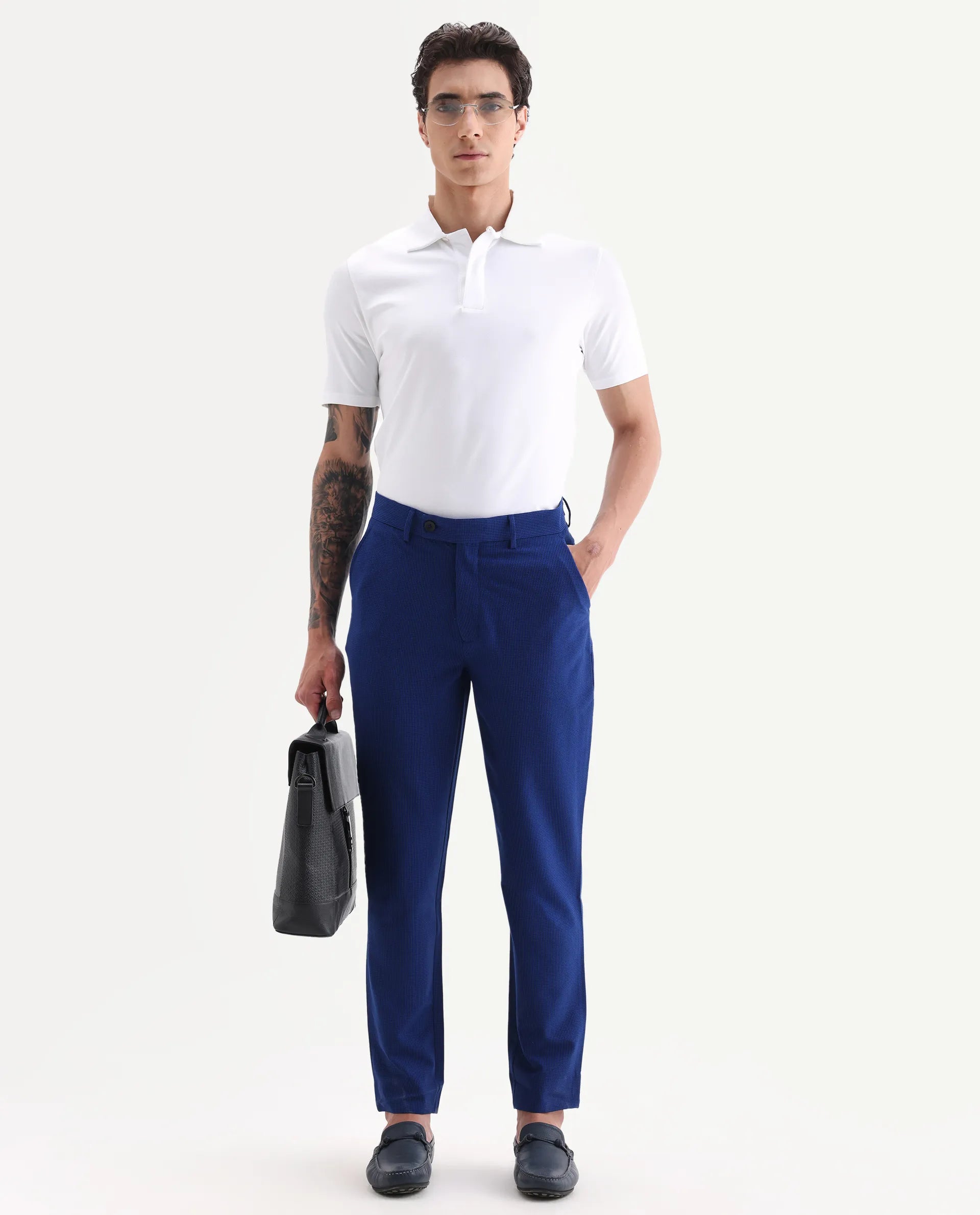Rare Rabbit Men's Pax Blue Cotton Blend Plain Straight Fit Trouser