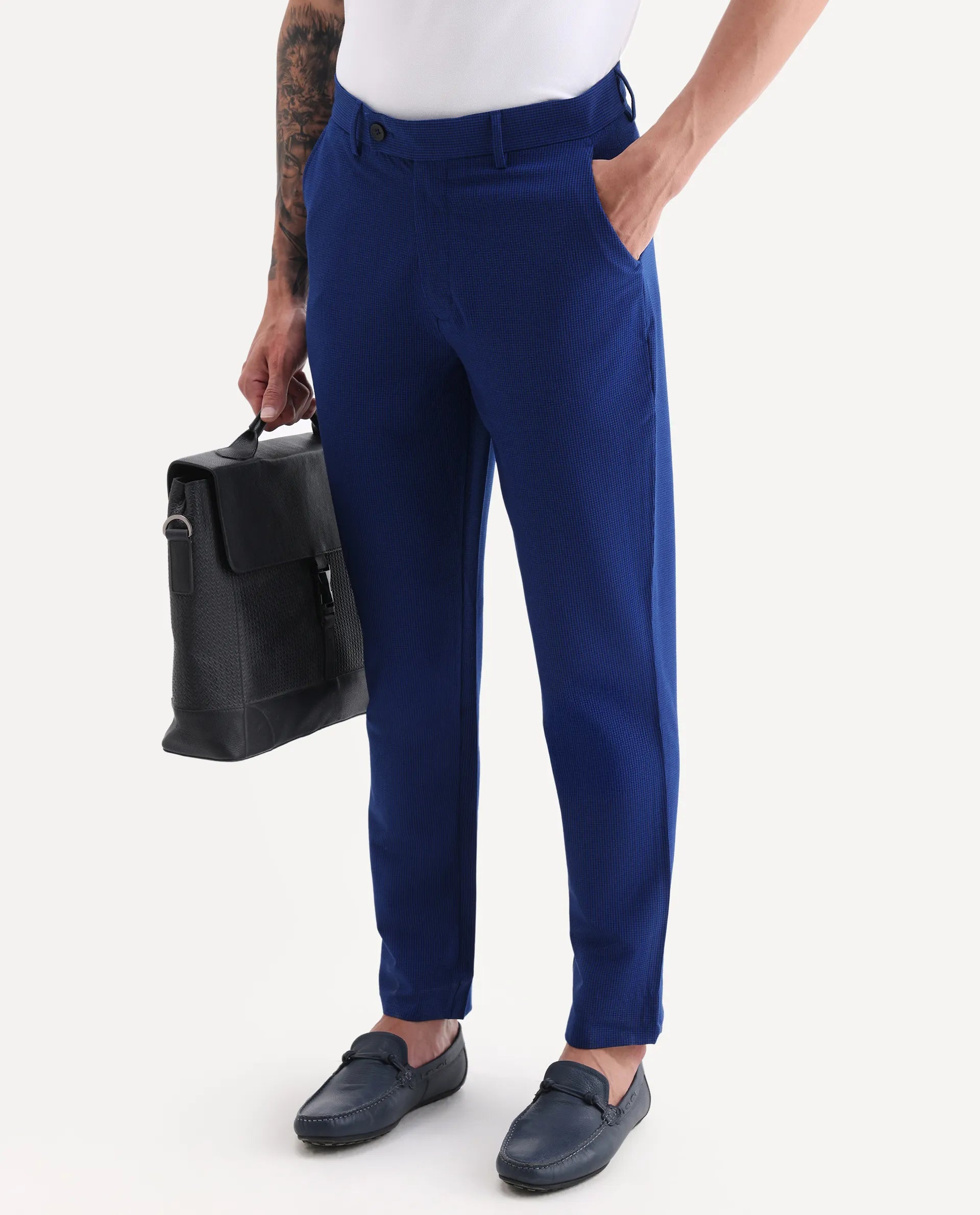 Rare Rabbit Men's Pax Blue Cotton Blend Plain Straight Fit Trouser