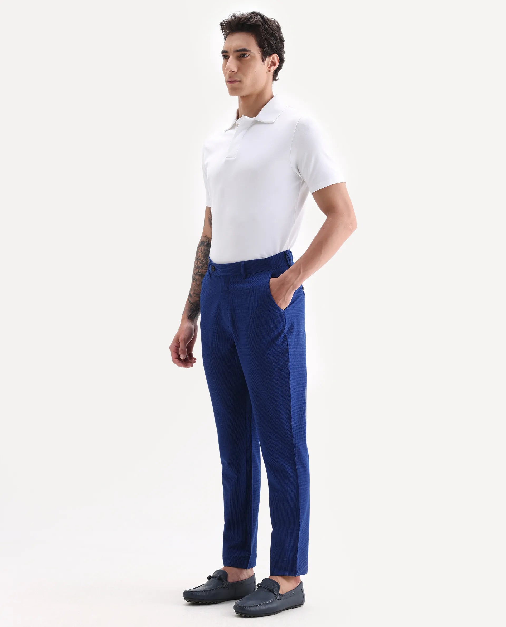 Rare Rabbit Men's Pax Blue Cotton Blend Plain Straight Fit Trouser