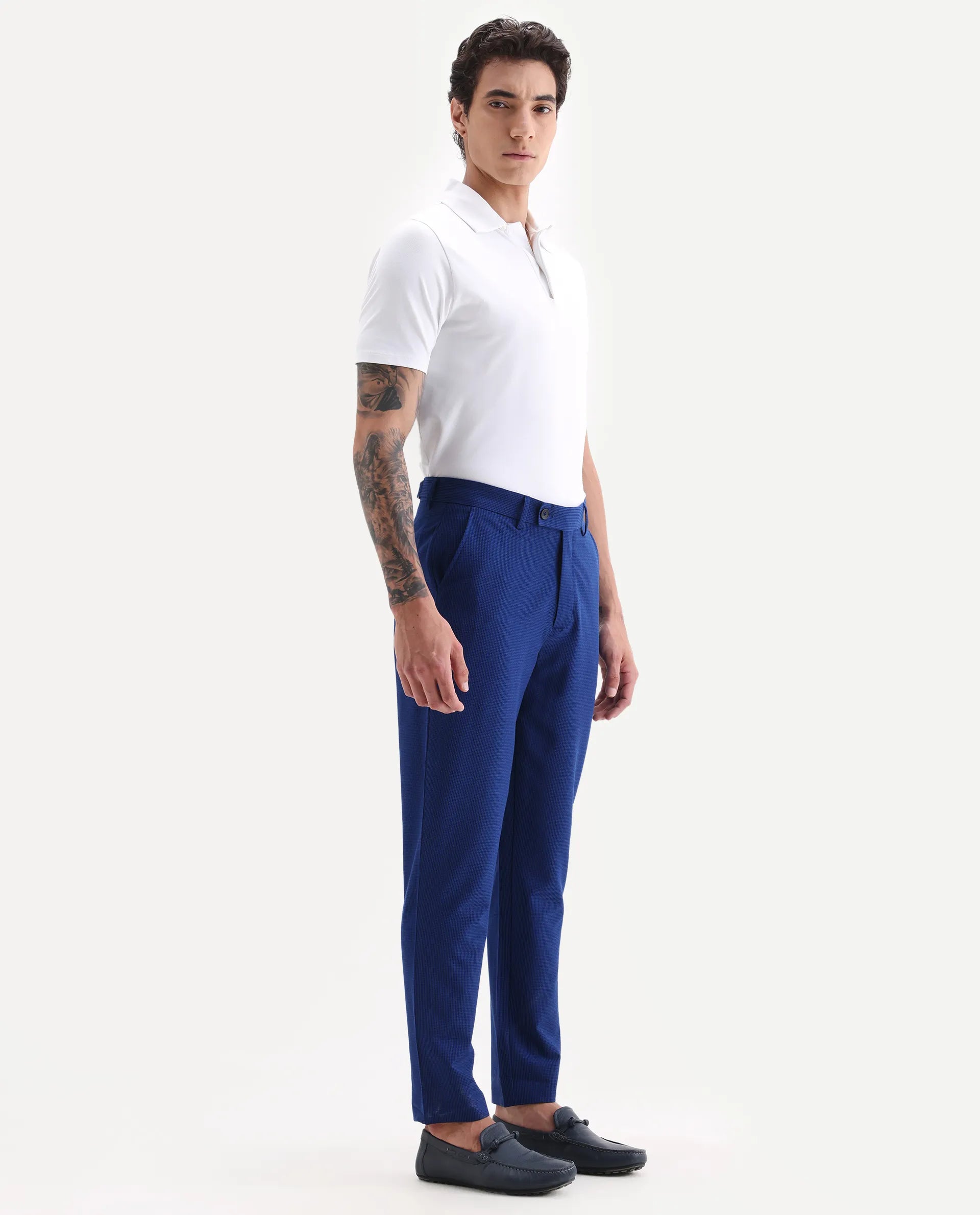 Rare Rabbit Men's Pax Blue Cotton Blend Plain Straight Fit Trouser