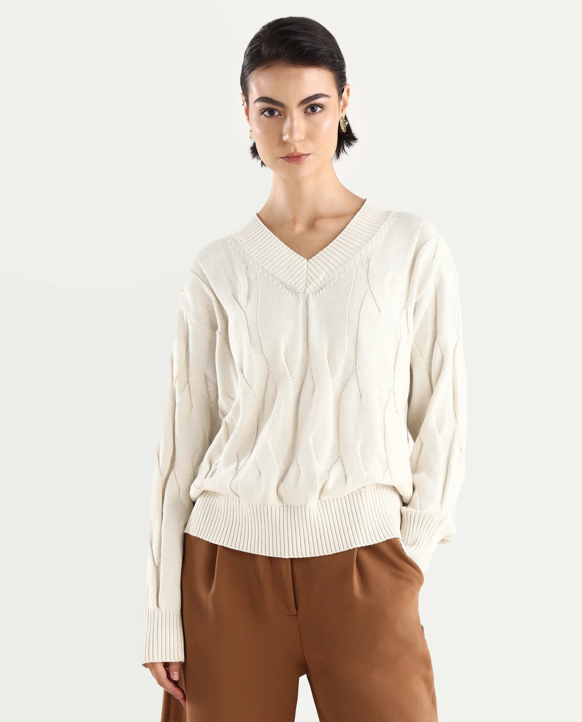 Rareism Women's Pax Off White Cotton V-Neck Plain Relaxed Fit Sweater