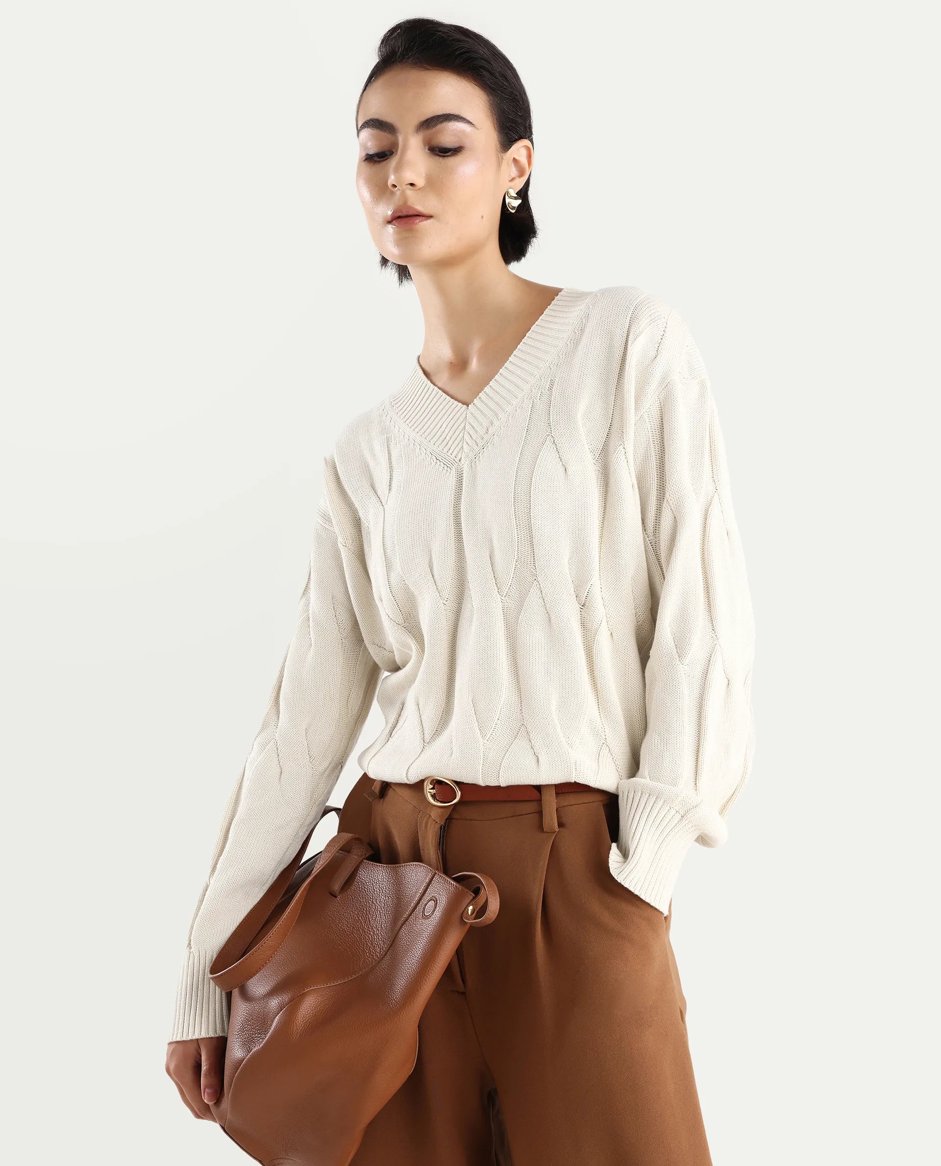 Rareism Women's Pax Off White Cotton V-Neck Plain Relaxed Fit Sweater