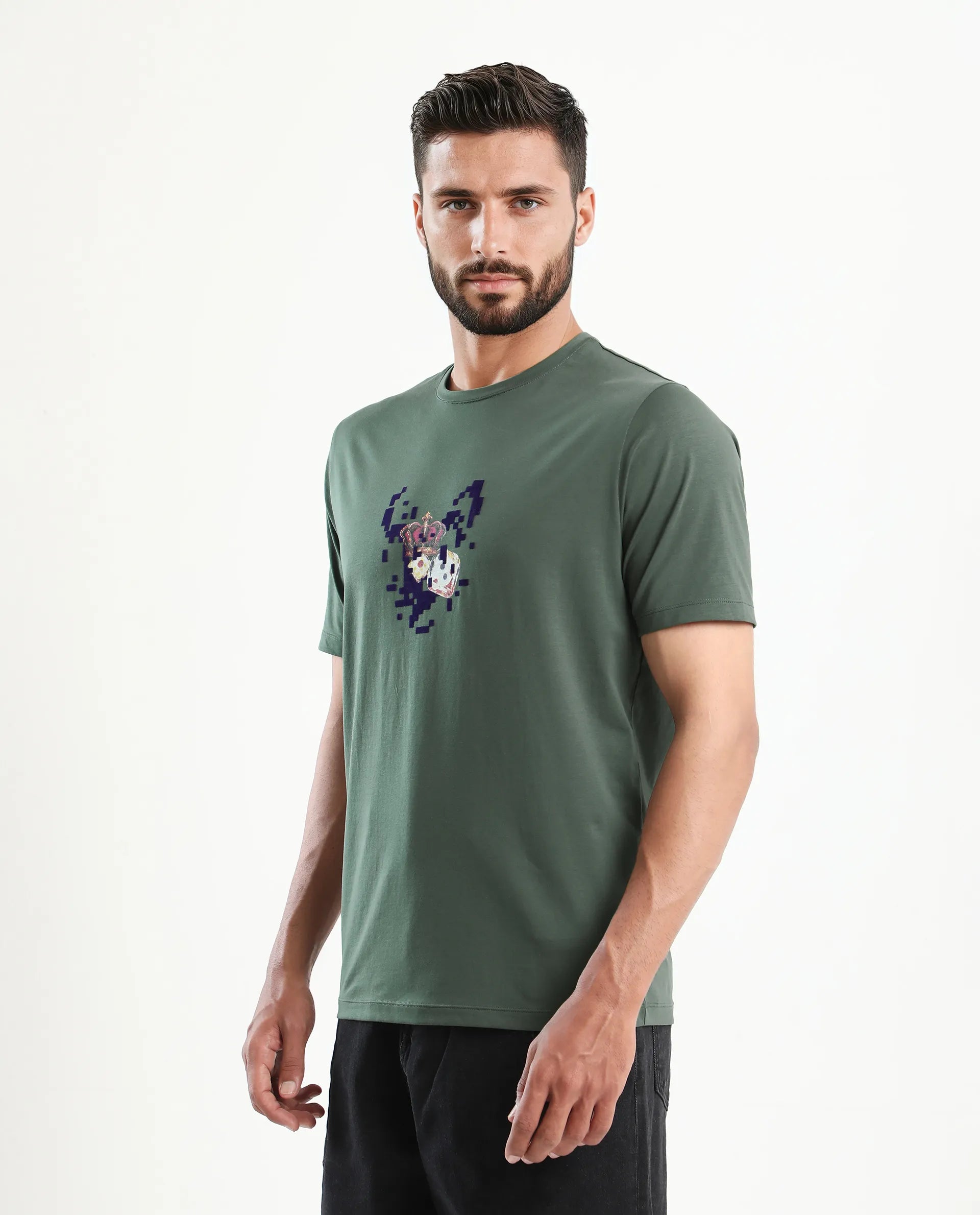 Rare Rabbit Men's Pazo Dusky Green Cotton Blend Graphic Print Regular Fit Half Sleeve Crew Neck T-Shirt