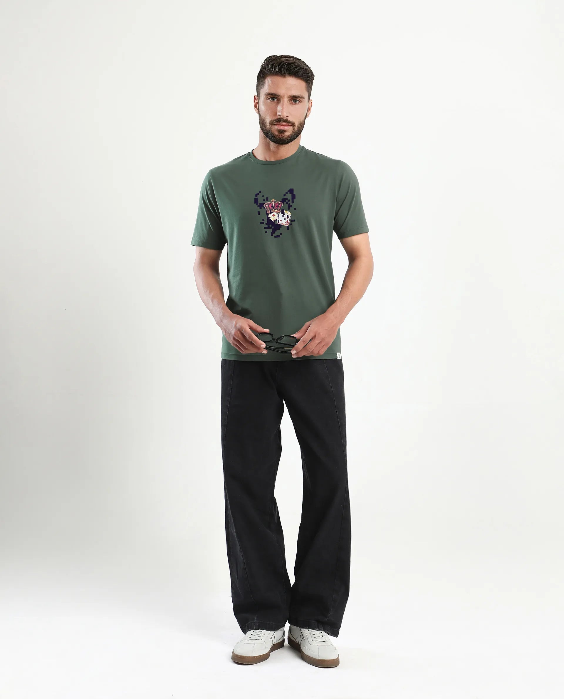 Rare Rabbit Men's Pazo Dusky Green Cotton Blend Graphic Print Regular Fit Half Sleeve Crew Neck T-Shirt