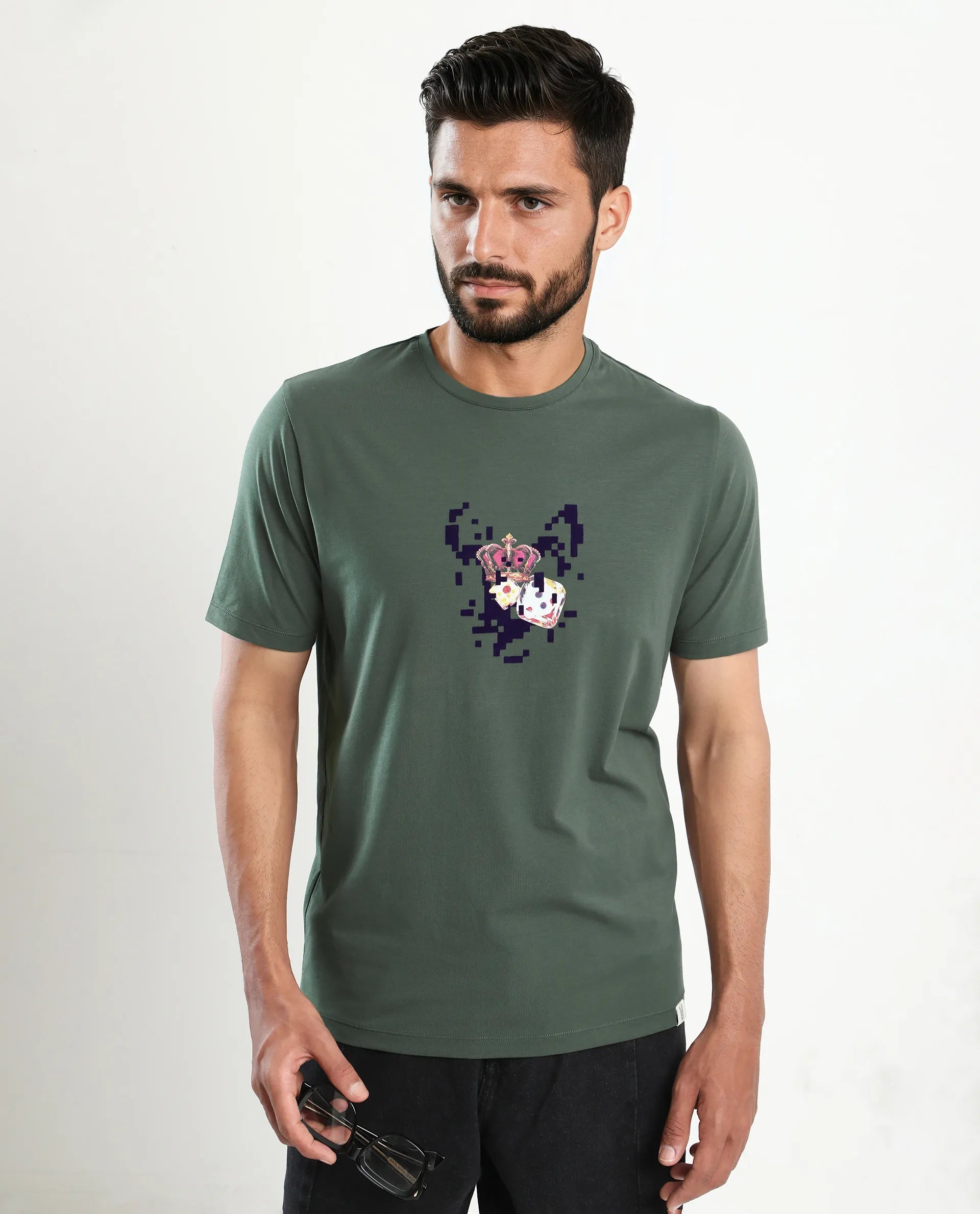 Rare Rabbit Men's Pazo Dusky Green Cotton Blend Graphic Print Regular Fit Half Sleeve Crew Neck T-Shirt
