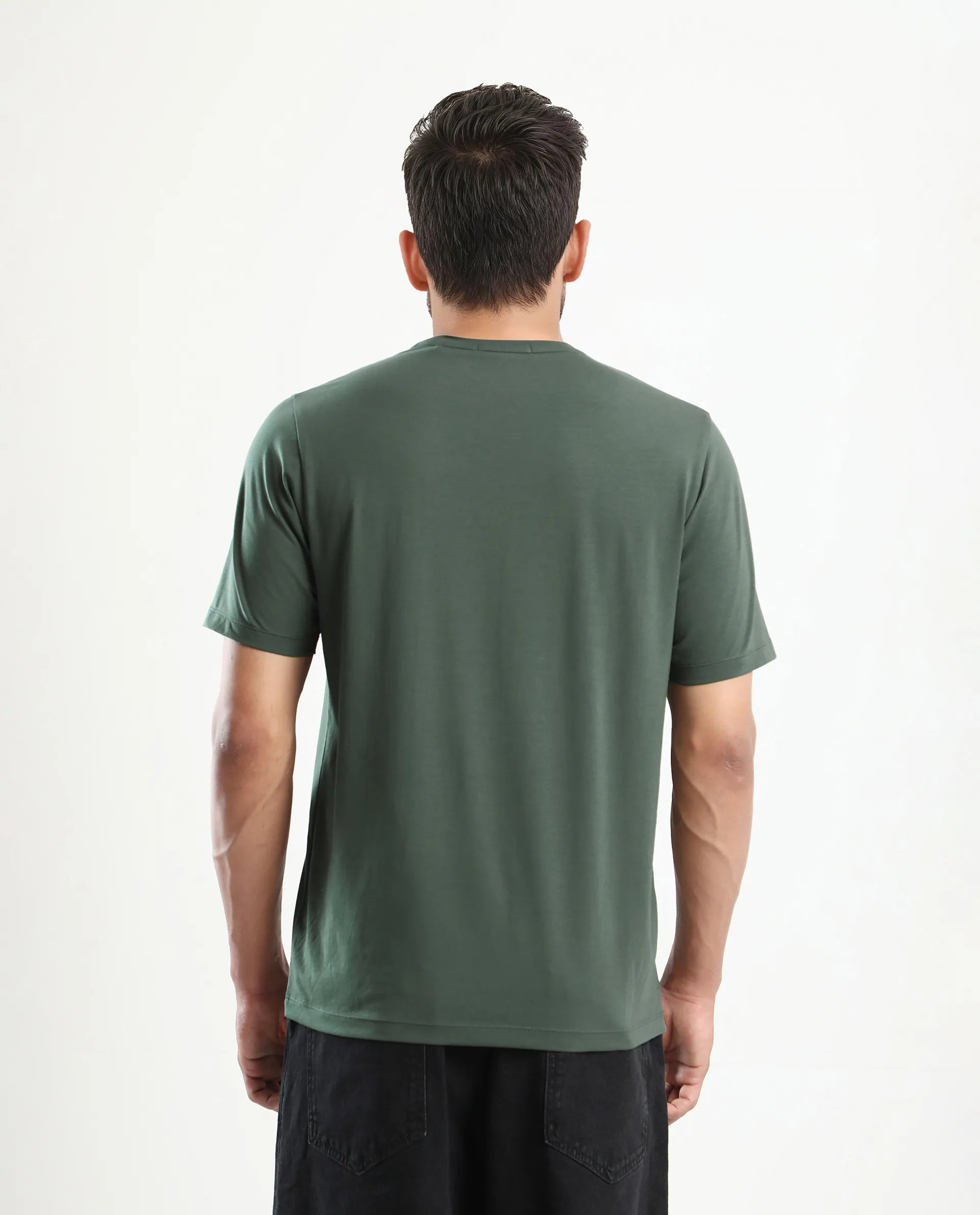 Rare Rabbit Men's Pazo Dusky Green Cotton Blend Graphic Print Regular Fit Half Sleeve Crew Neck T-Shirt