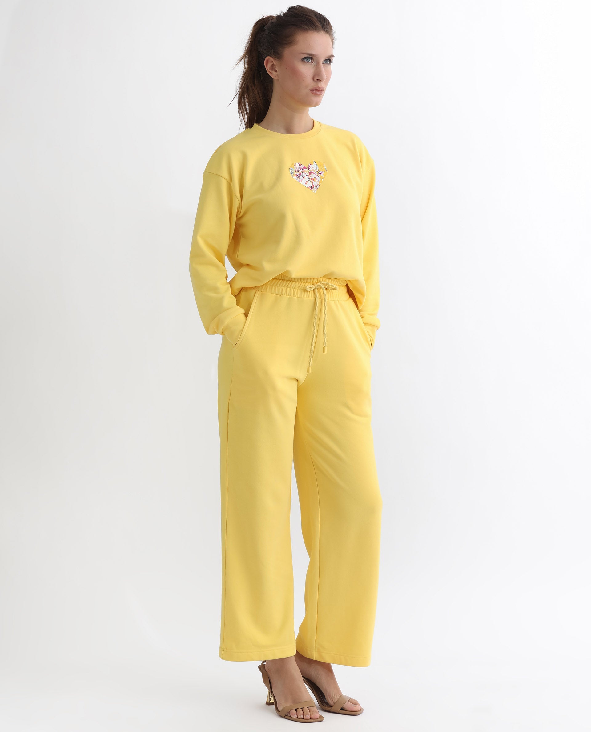 Rareism Articale Women Pazoo T Yellow Cotton Blend Fabric Drawstring Closure Flared Fit Plain Ankle Length Track Pant