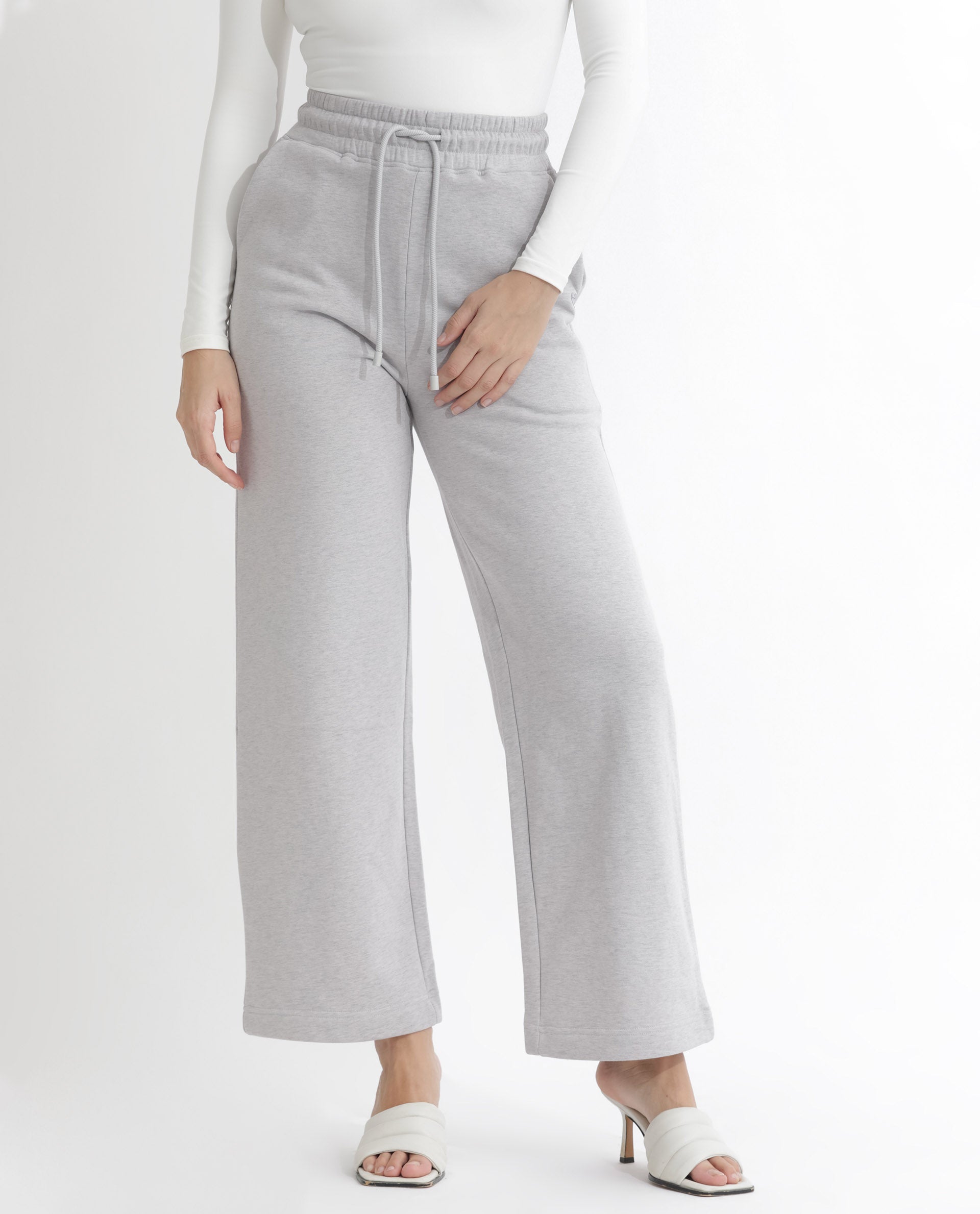 Rareism Articale Women Pazoo F Melange Grey Cotton Blend Fabric Drawstring Closure Flared Fit Plain Ankle Length Track Pant