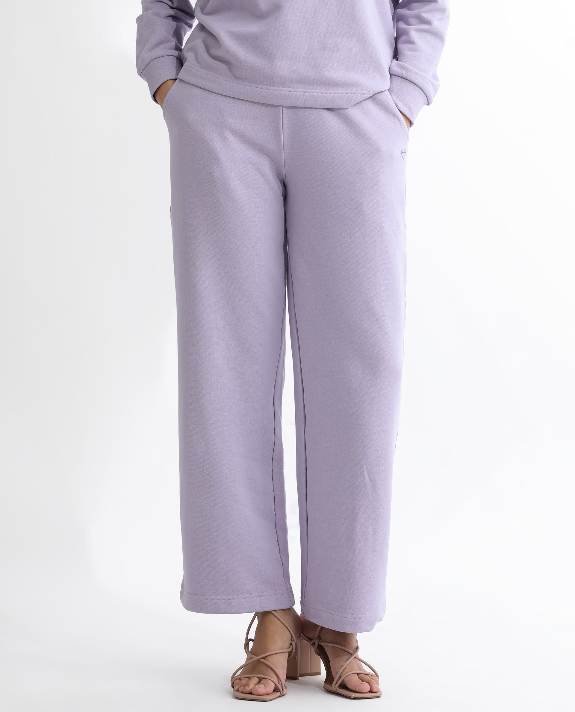 Rareism Women Pazoo T Pastel Purple Cotton Blend Fabric Flared Solid Mid Rise Ankle Length Track Pant