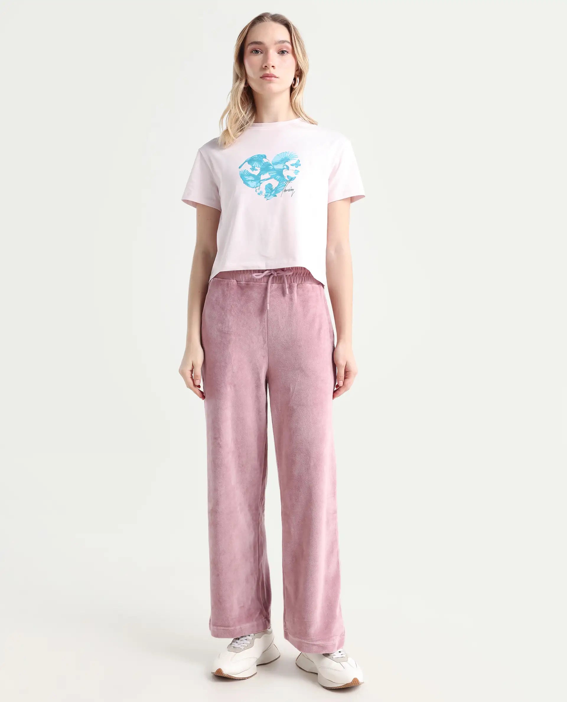 Rareism Women's Pazoo Tt Dusky Pink Cotton Blend Plain Ankle Length Flared Track Pant