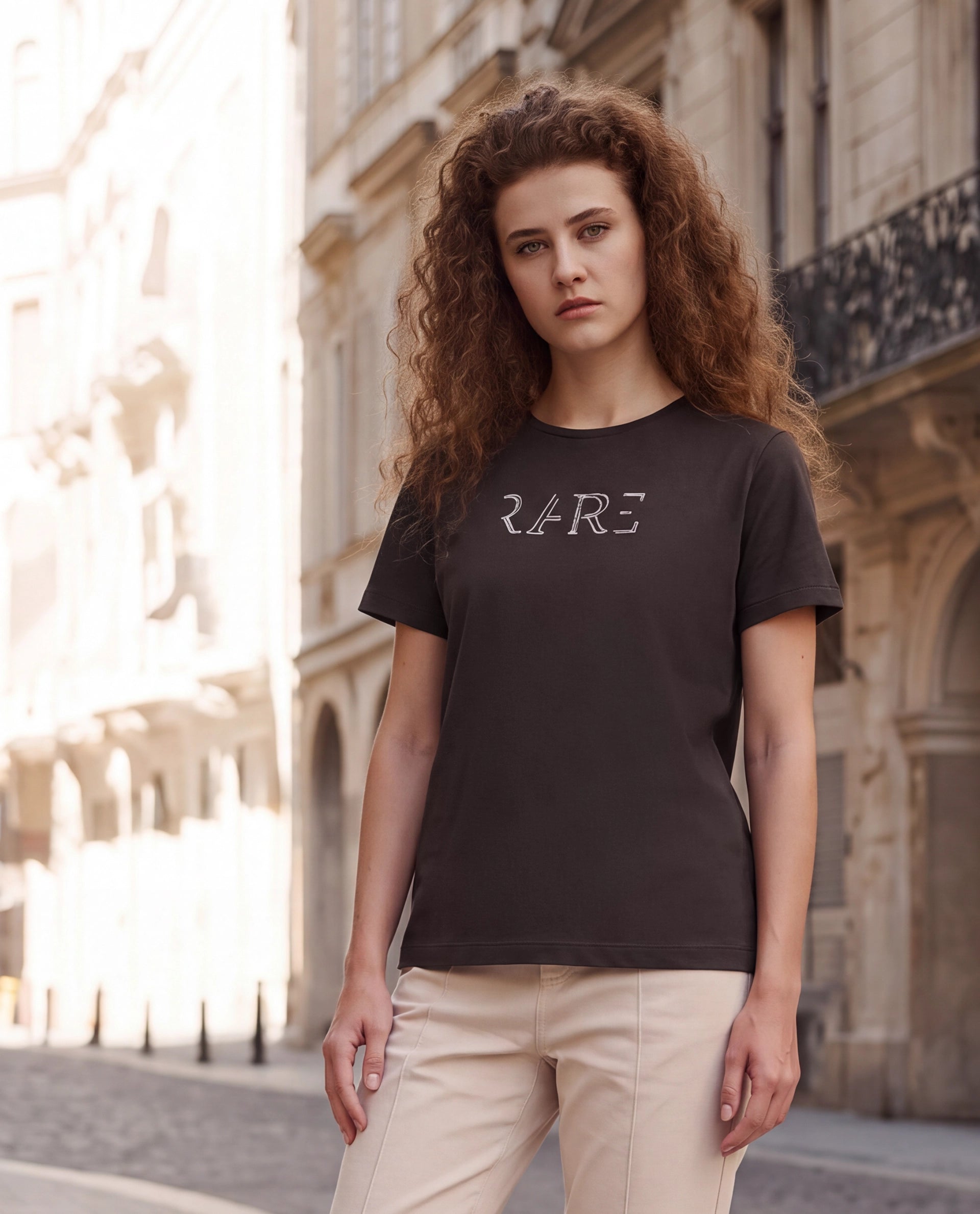 Rareism Women's Peatl Dark Brown Cotton Blend Pull-On Regular Fit Typography Print T-Shirt